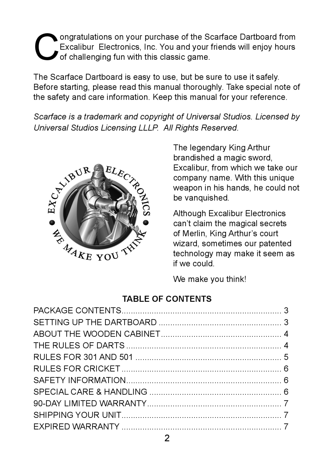 Excalibur electronic SF34 manual Table of Contents 