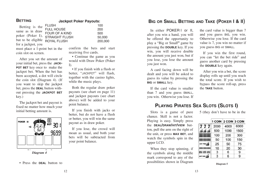 Excalibur electronic VR07 manual Playing Pirates SEA Slots Slots, BIG or Small Betting and Take Poker I 