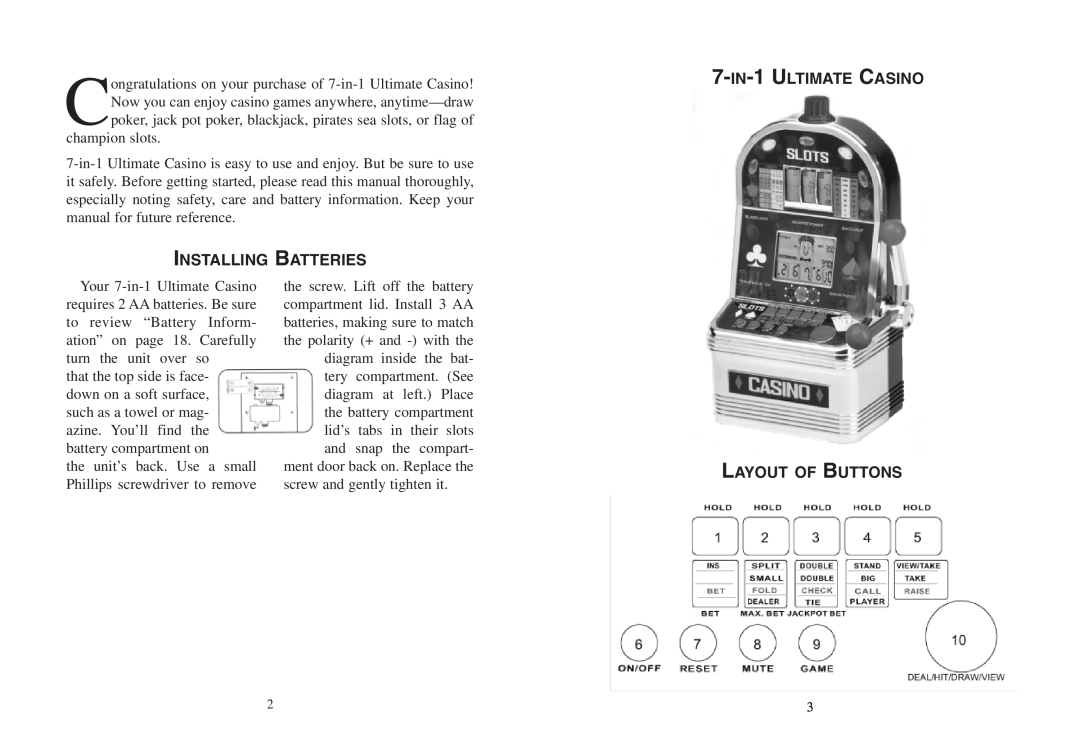 Excalibur electronic VR07 manual Installing Batteries, 7-IN-1 ULTIMATE CASINO, Layout Of Buttons 