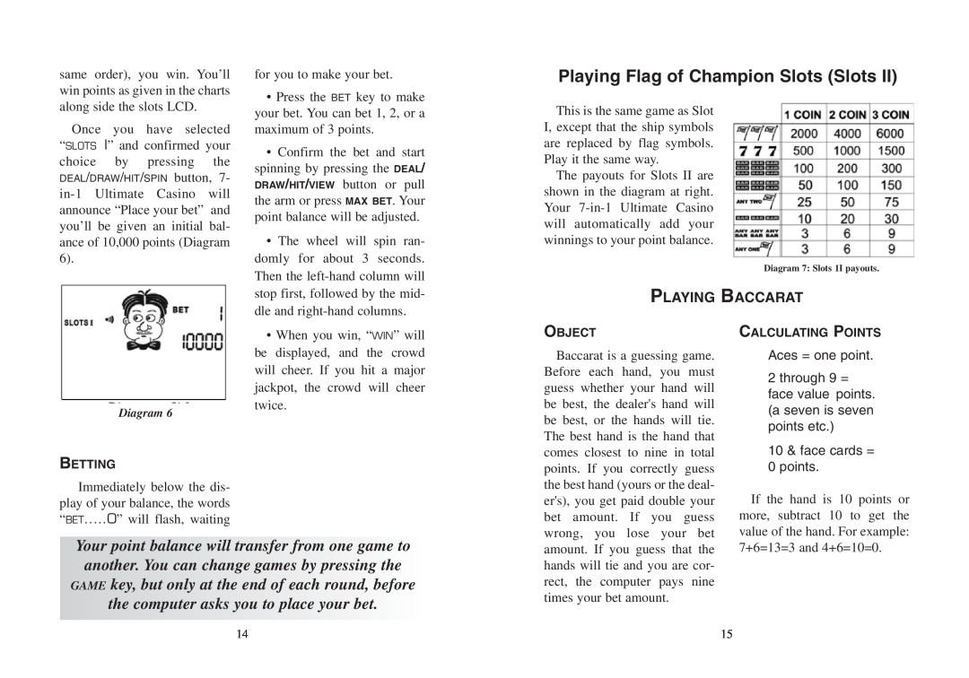 Excalibur electronic VR07 manual Playing Flag of Champion Slots Slots, Playing Baccarat 