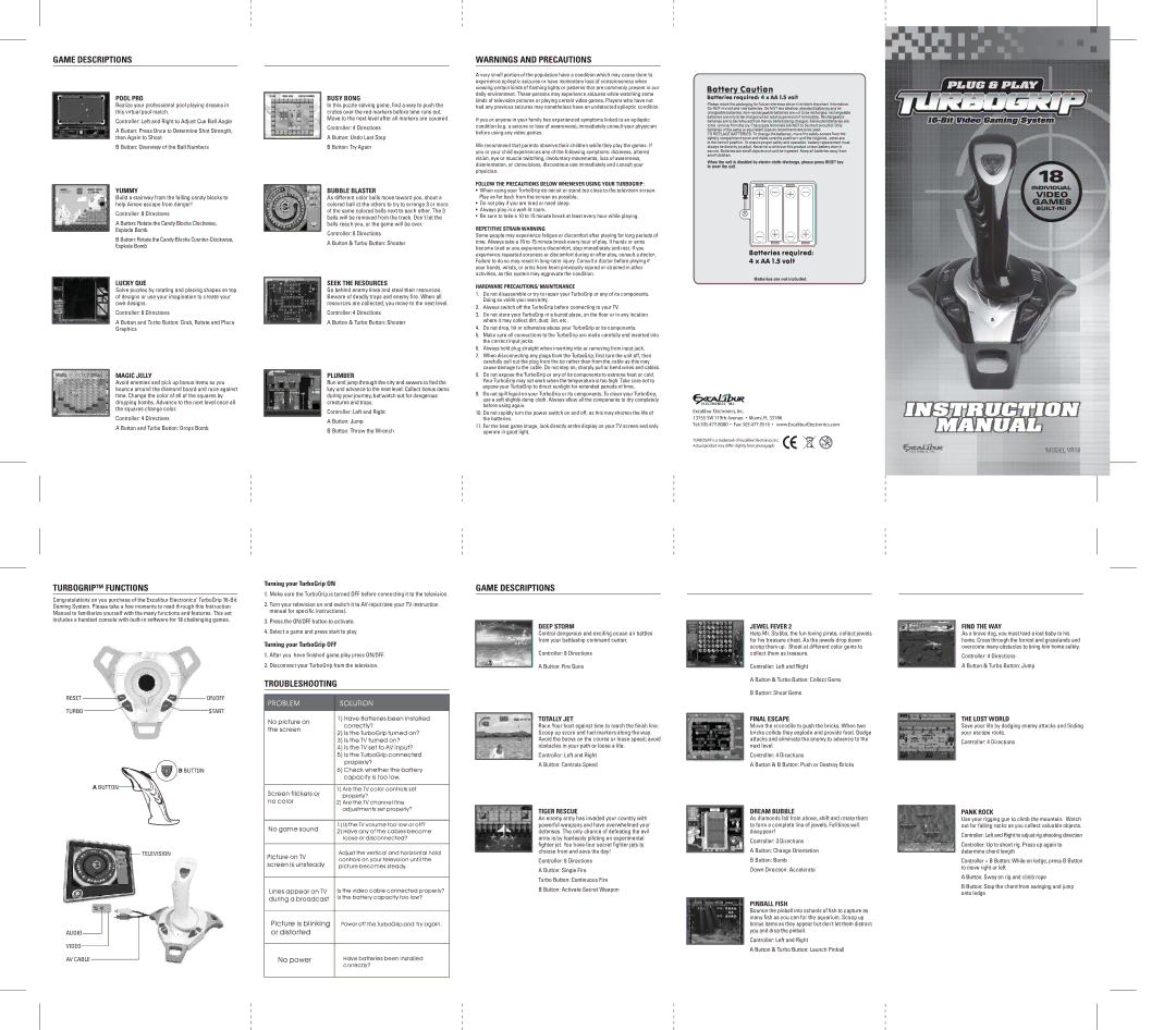 Excalibur electronic VR18 instruction manual Game Descriptions, Turbogrip Functions, Troubleshooting 