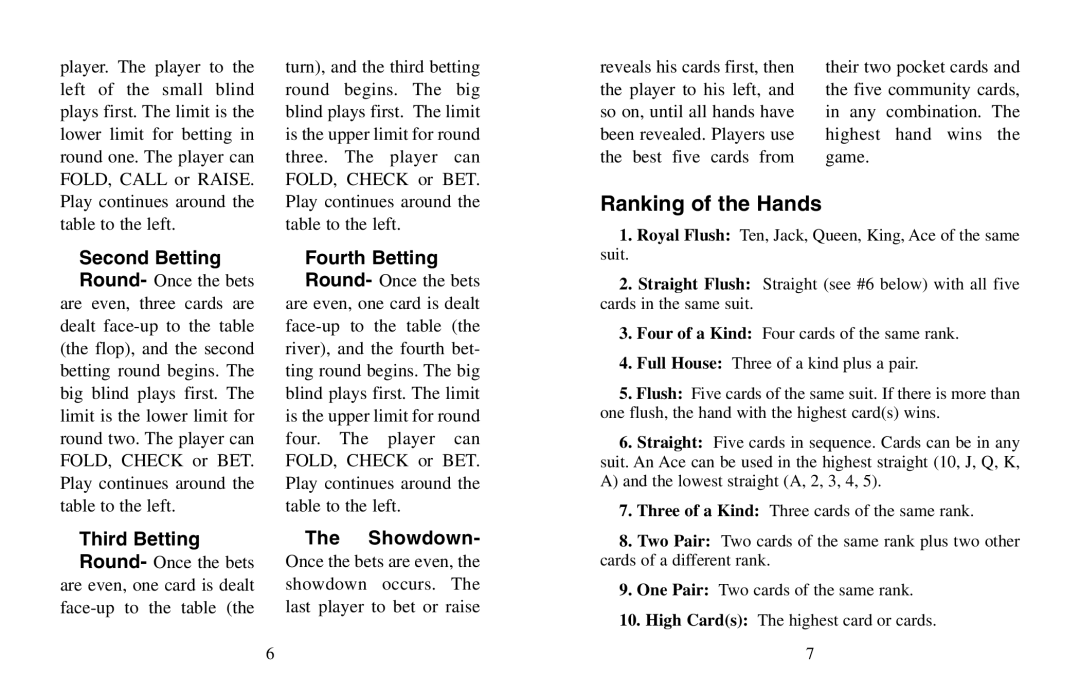 Excalibur electronic World Series manual Ranking of the Hands, The Showdown 