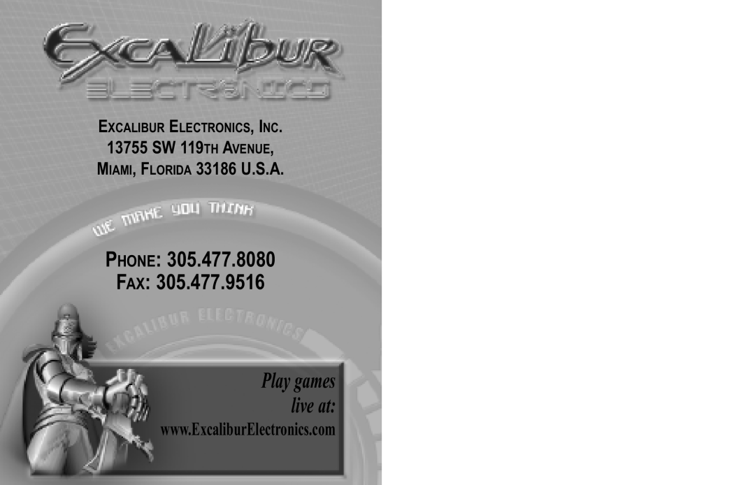 Excalibur electronic World Series Phone Fax, Excalibur Electronics, Inc, 13755 SW 119TH AVENUE MIAMI, FLORIDA 33186 U.S.A 