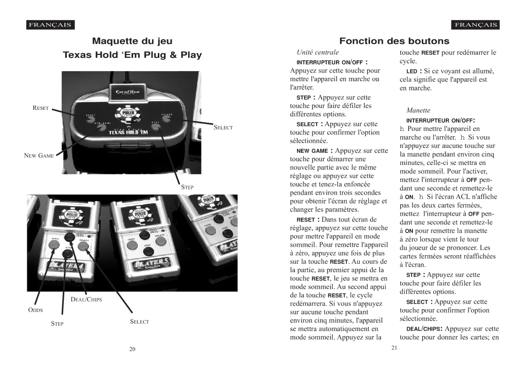 Excalibur electronic WR39-RS-CC manual Maquette du jeu Texas Hold ‘Em Plug & Play, Unité centrale, Cycle, Manette 