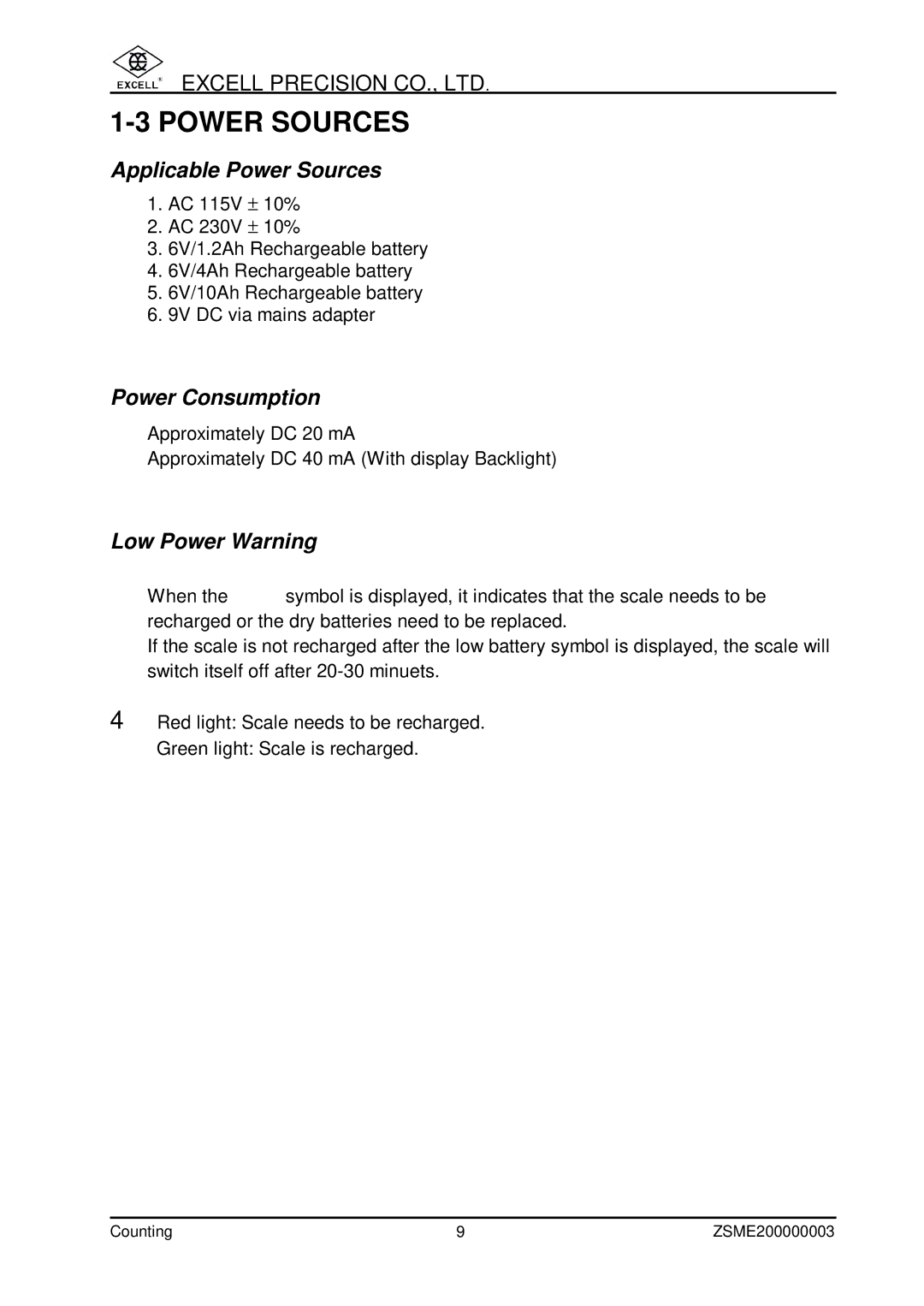 Excell Precision Counting Scale user manual Applicable Power Sources 