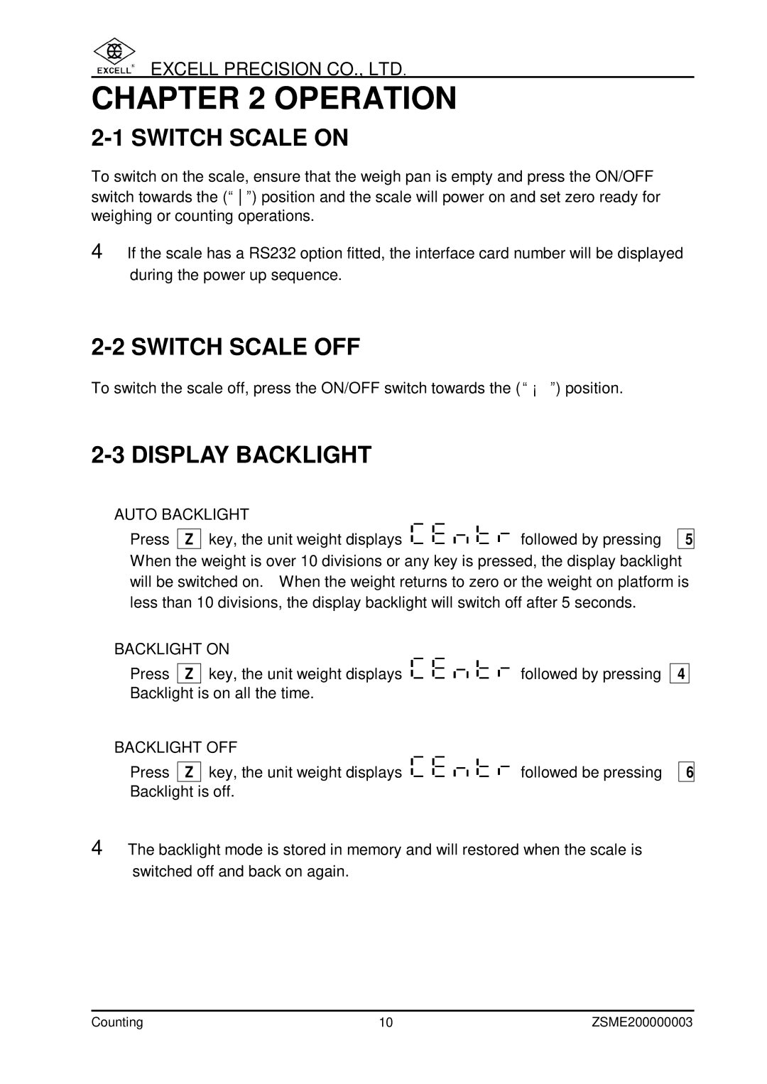 Excell Precision Counting Scale user manual Operation, Switch Scale on, Switch Scale OFF, Display Backlight 