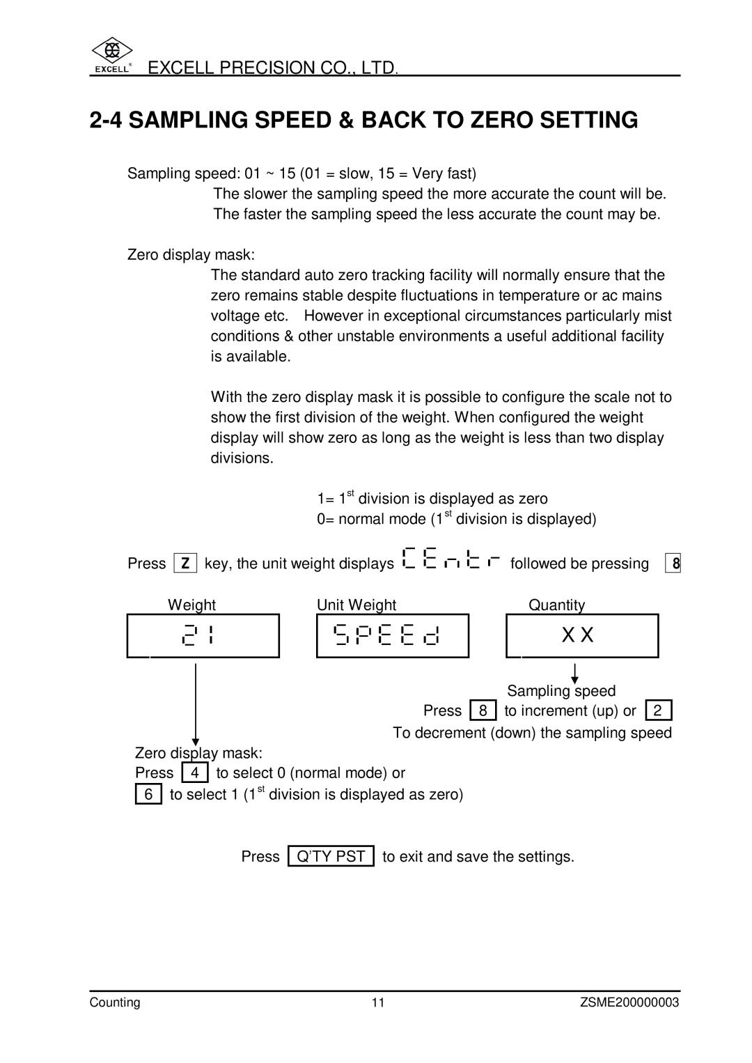 Excell Precision Counting Scale user manual Sampling Speed & Back to Zero Setting 