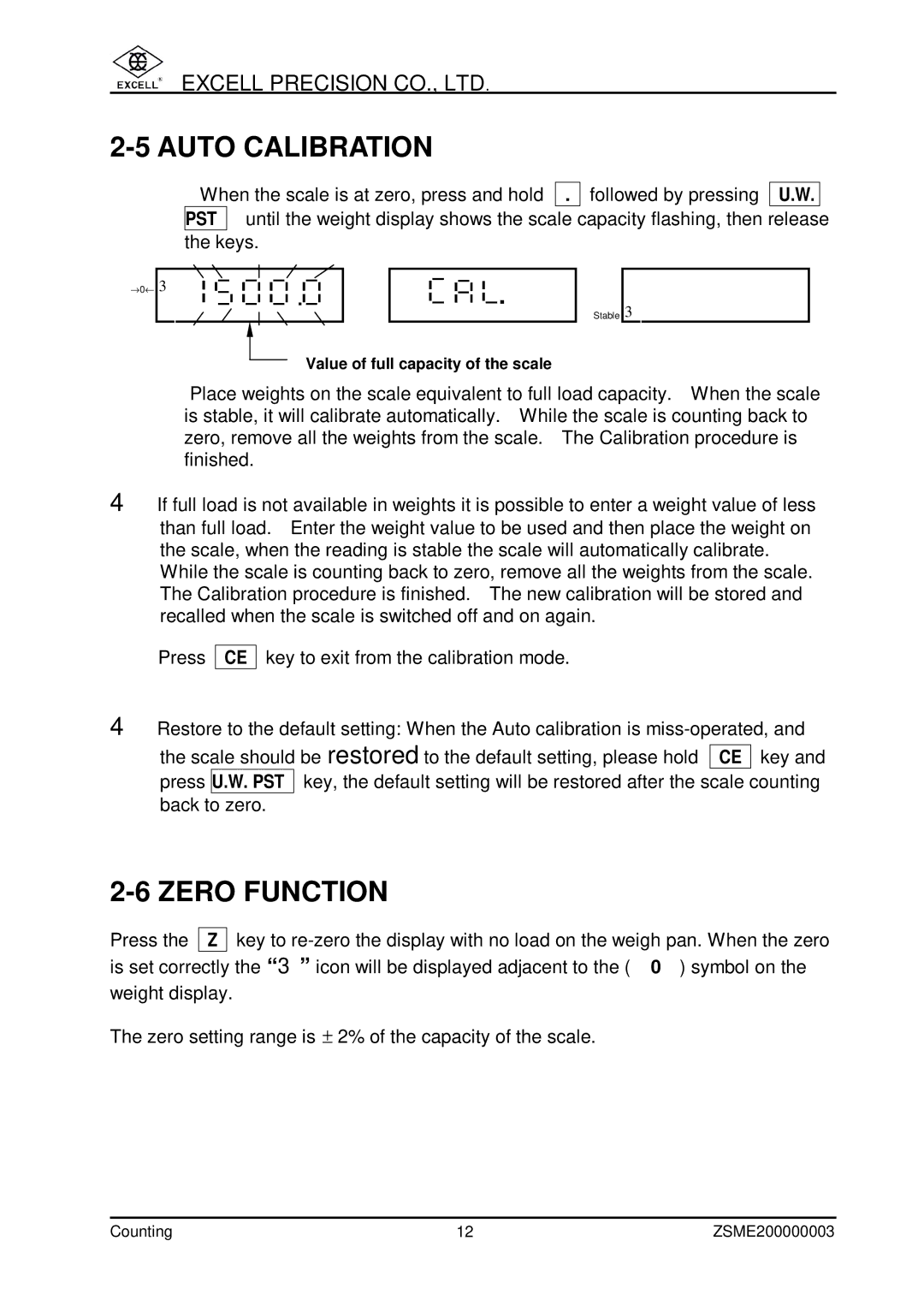 Excell Precision Counting Scale user manual Auto Calibration, Zero Function 