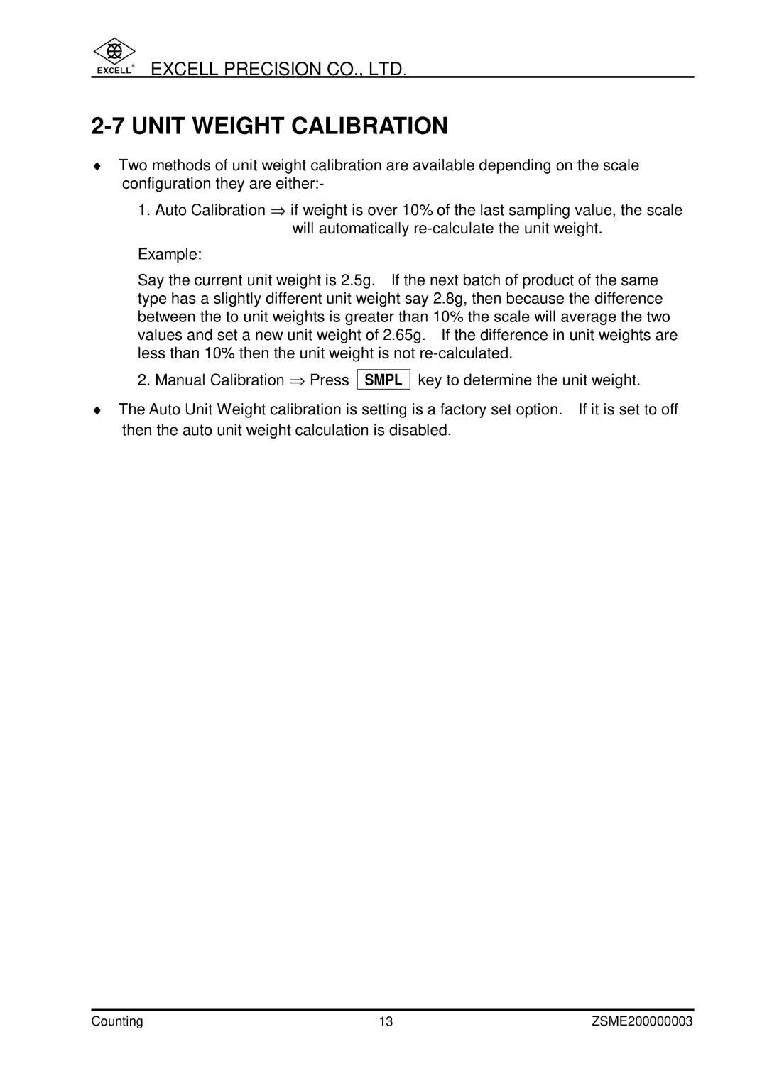 Excell Precision Counting Scale user manual Unit Weight Calibration, Smpl 