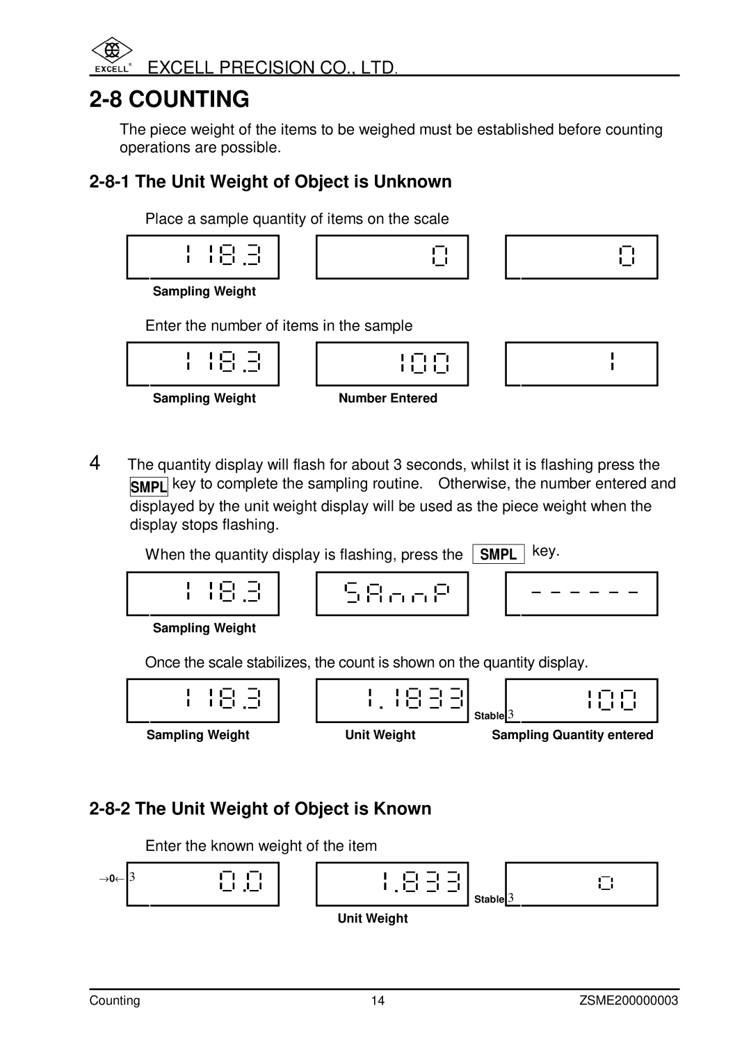 Excell Precision Counting Scale user manual Unit Weight of Object is Unknown, Unit Weight of Object is Known 