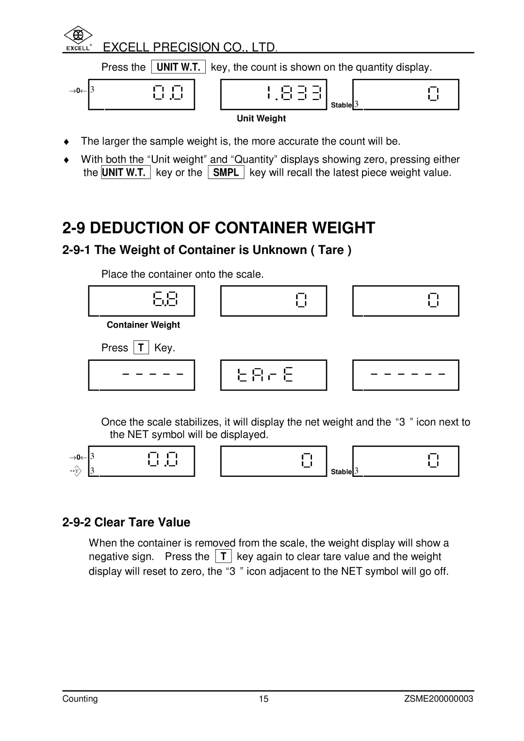 Excell Precision Counting Scale Deduction of Container Weight, Weight of Container is Unknown Tare, Clear Tare Value 