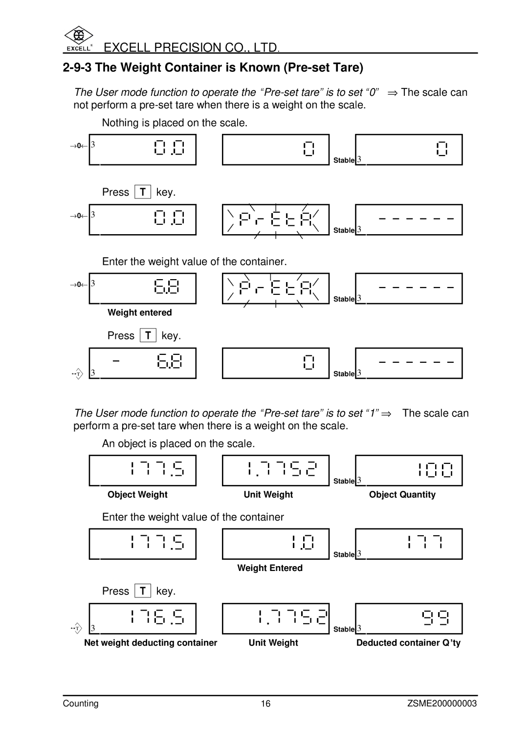 Excell Precision Counting Scale user manual Weight Container is Known Pre-set Tare 