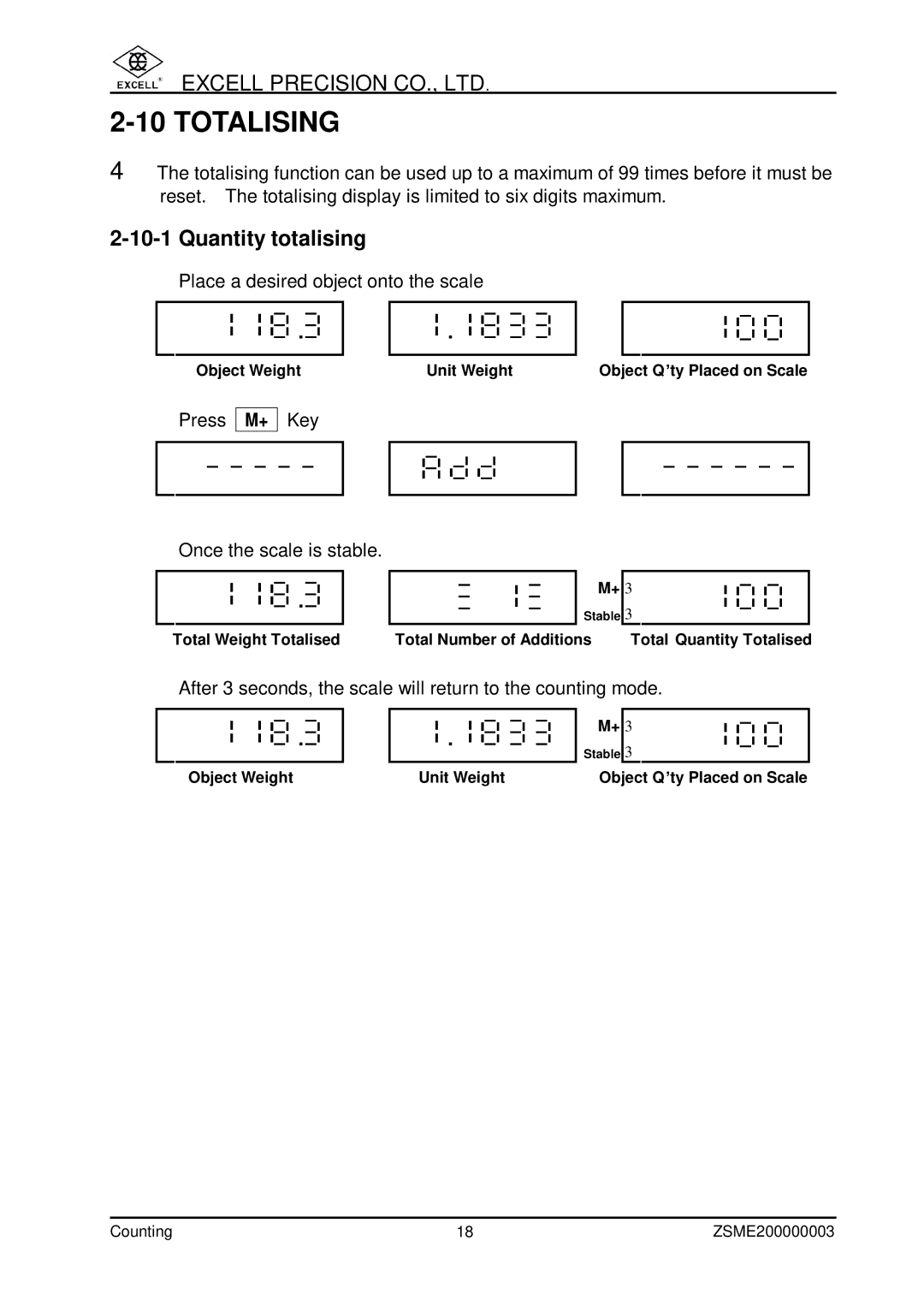 Excell Precision Counting Scale user manual Totalising, Quantity totalising 