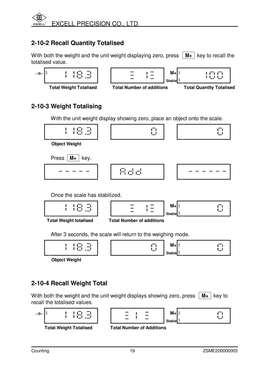 Excell Precision Counting Scale user manual Recall Quantity Totalised, Weight Totalising, Recall Weight Total 