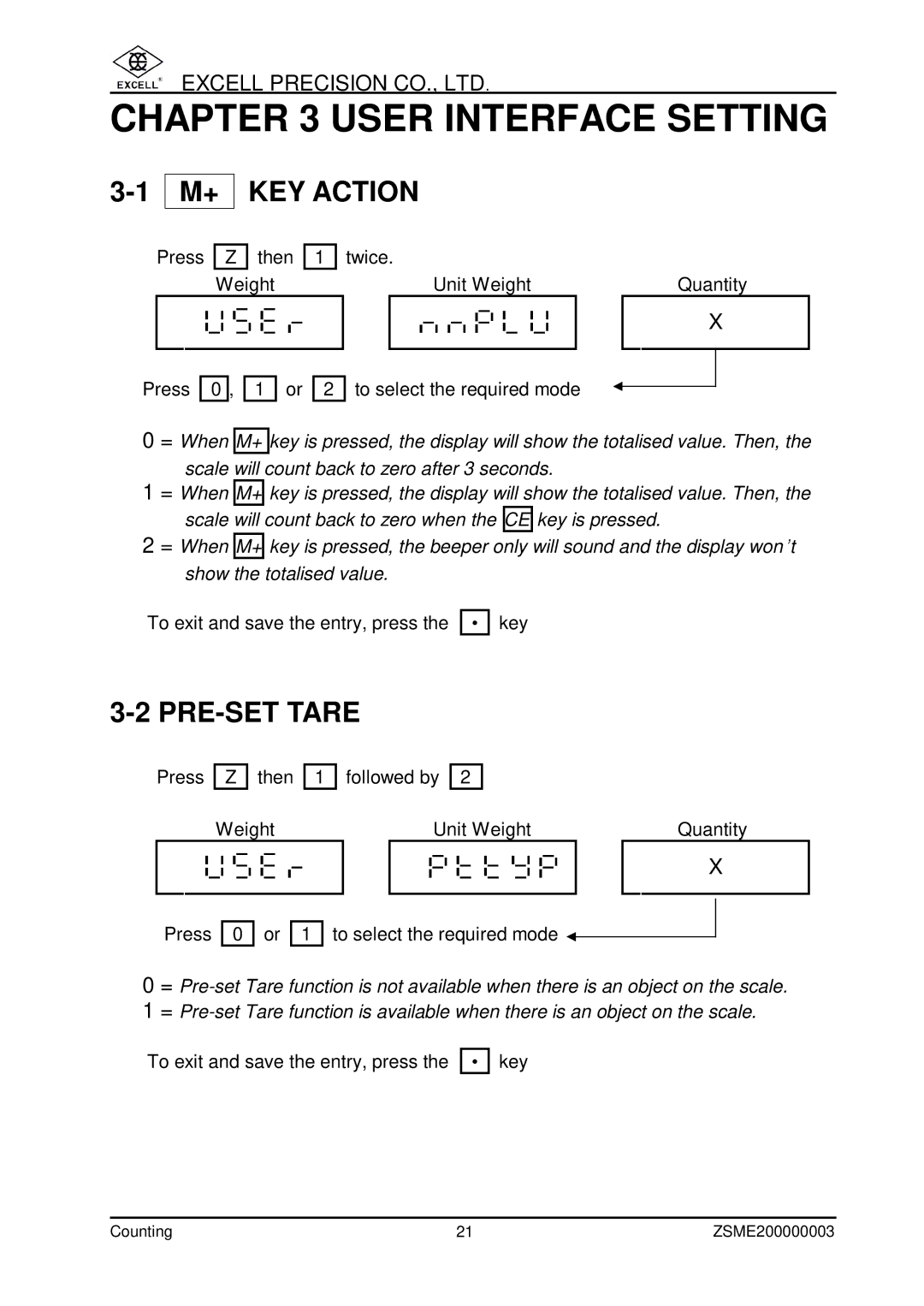 Excell Precision Counting Scale user manual User Interface Setting, KEY Action, PRE-SET Tare 