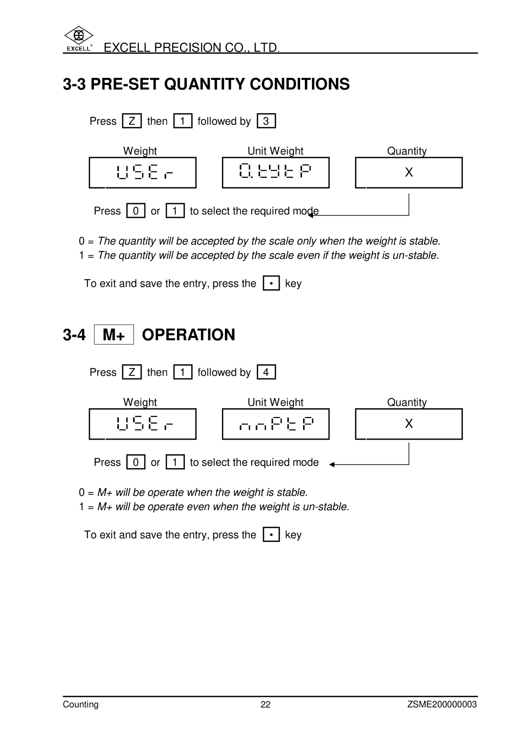 Excell Precision Counting Scale user manual PRE-SET Quantity Conditions, Operation 