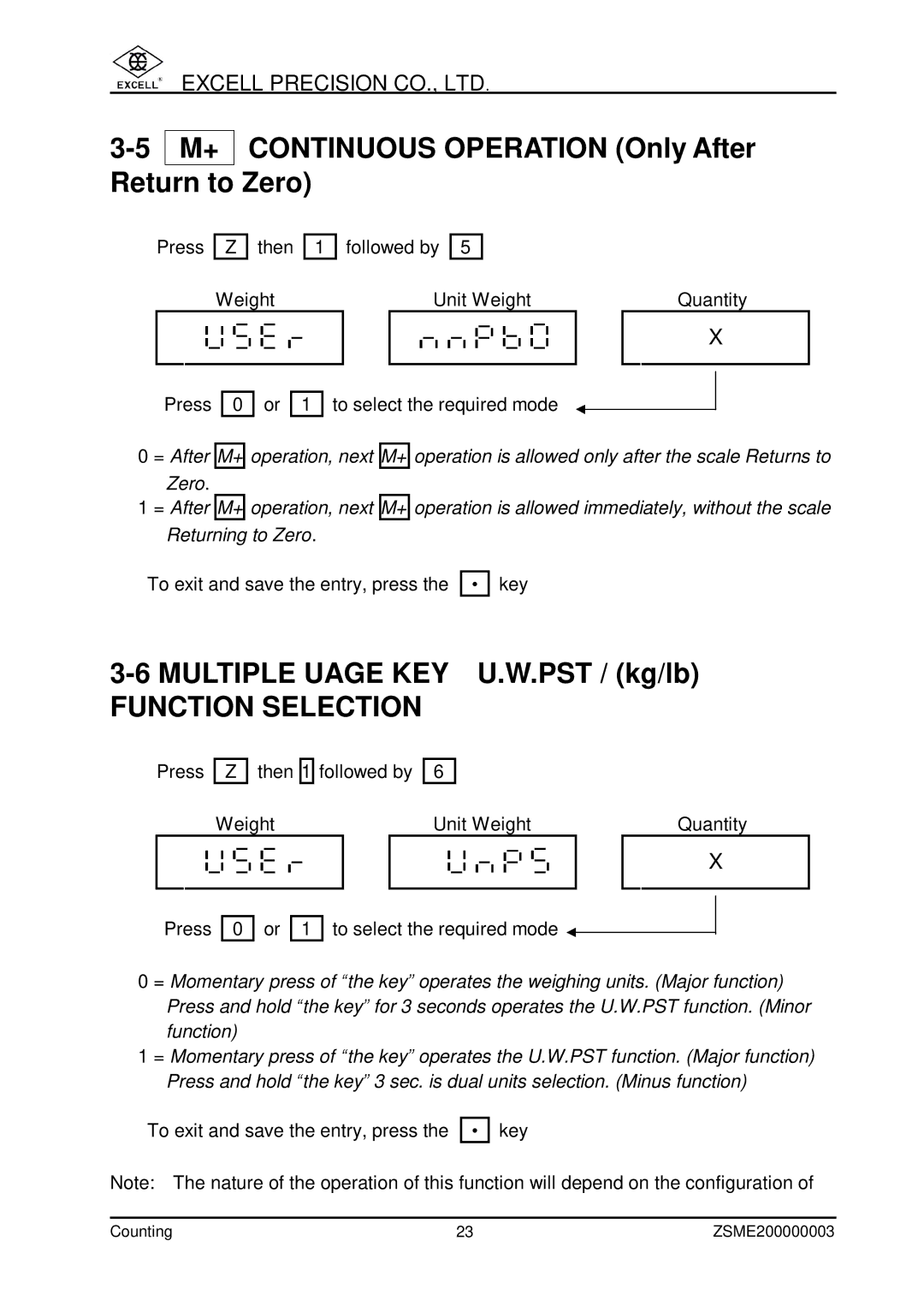 Excell Precision Counting Scale user manual M+ Continuous Operation Only After Return to Zero, Function Selection 