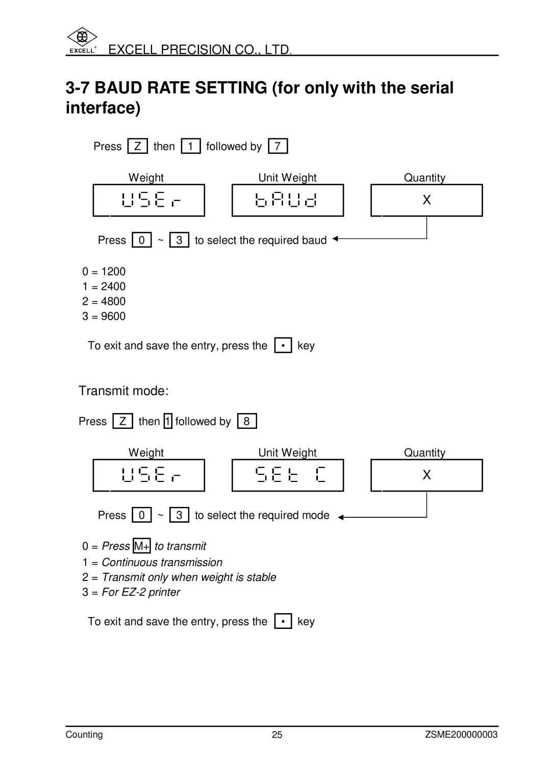 Excell Precision Counting Scale user manual Baud Rate Setting for only with the serial interface 