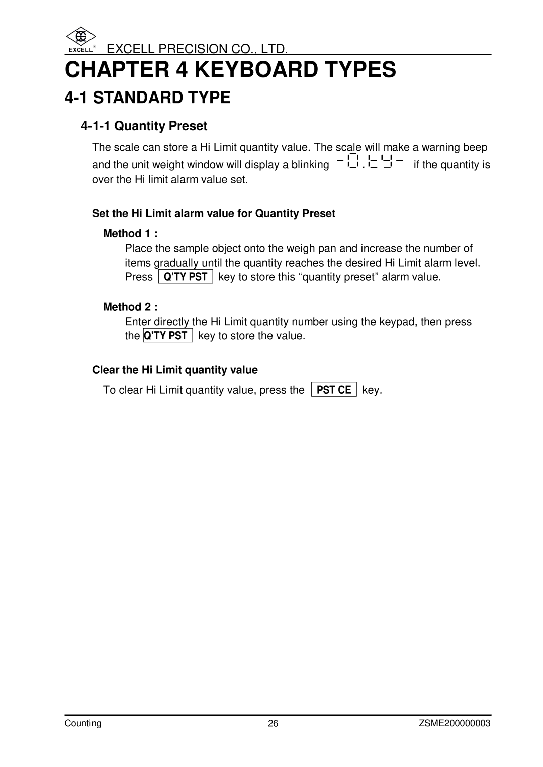 Excell Precision Counting Scale user manual Keyboard Types, Standard Type, Quantity Preset 