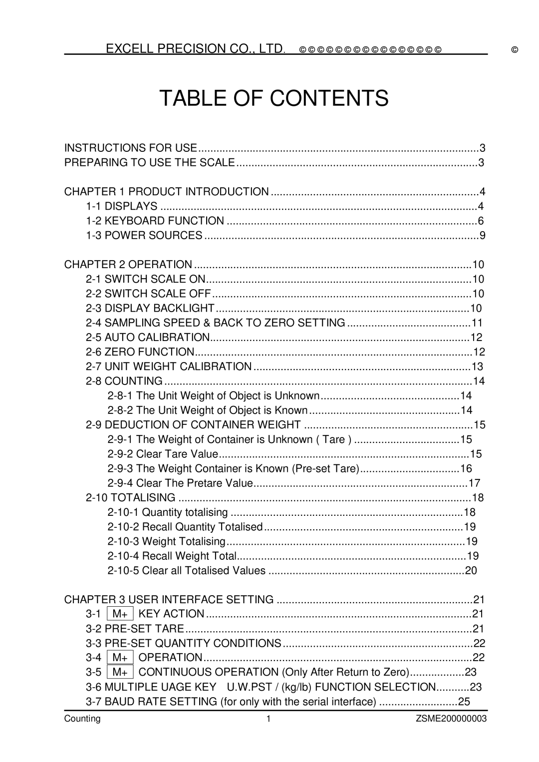 Excell Precision Counting Scale user manual Table of Contents 