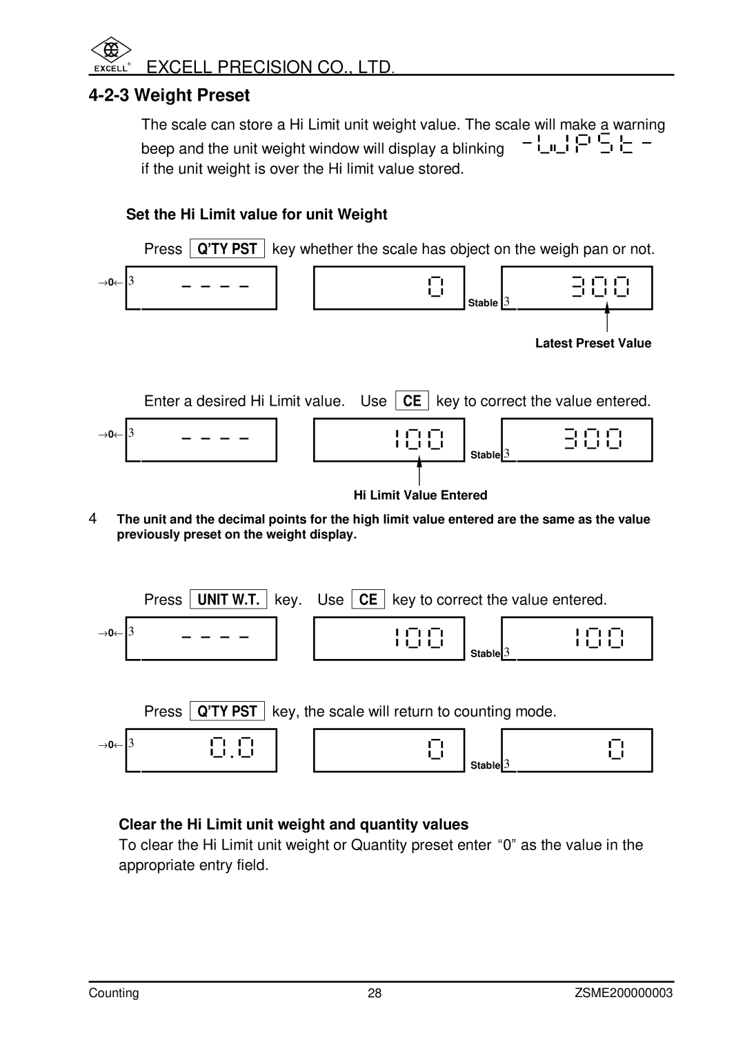 Excell Precision Counting Scale user manual Weight Preset, Clear the Hi Limit unit weight and quantity values 