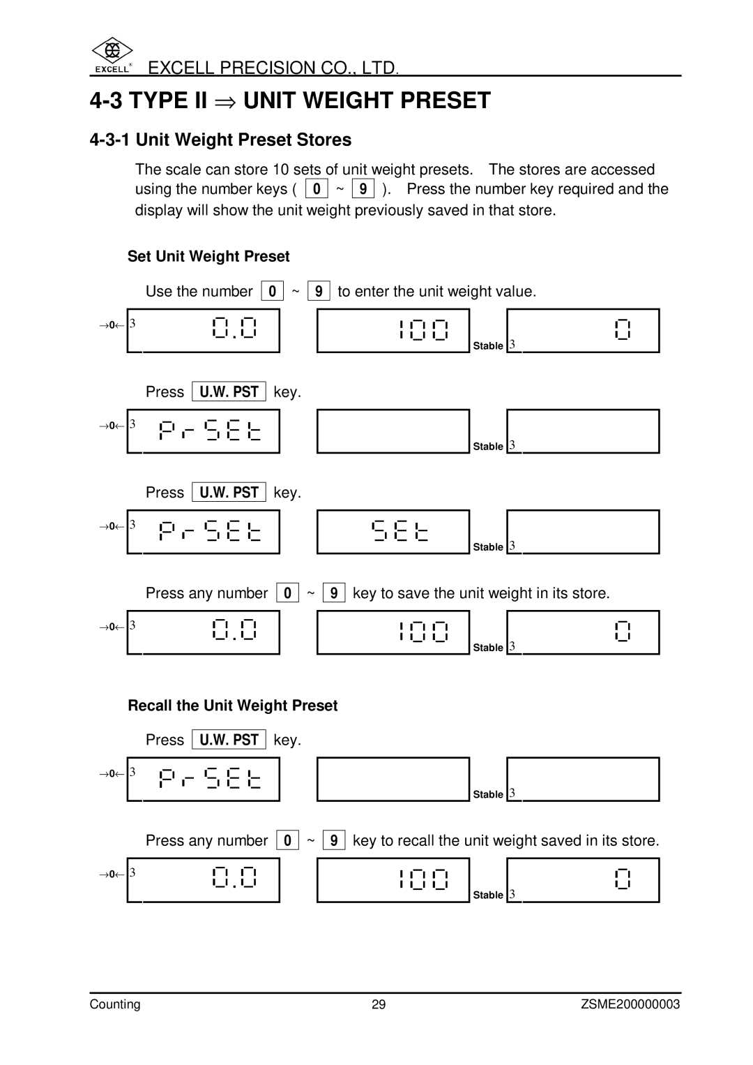 Excell Precision Counting Scale user manual Type II ⇒ Unit Weight Preset, Unit Weight Preset Stores 