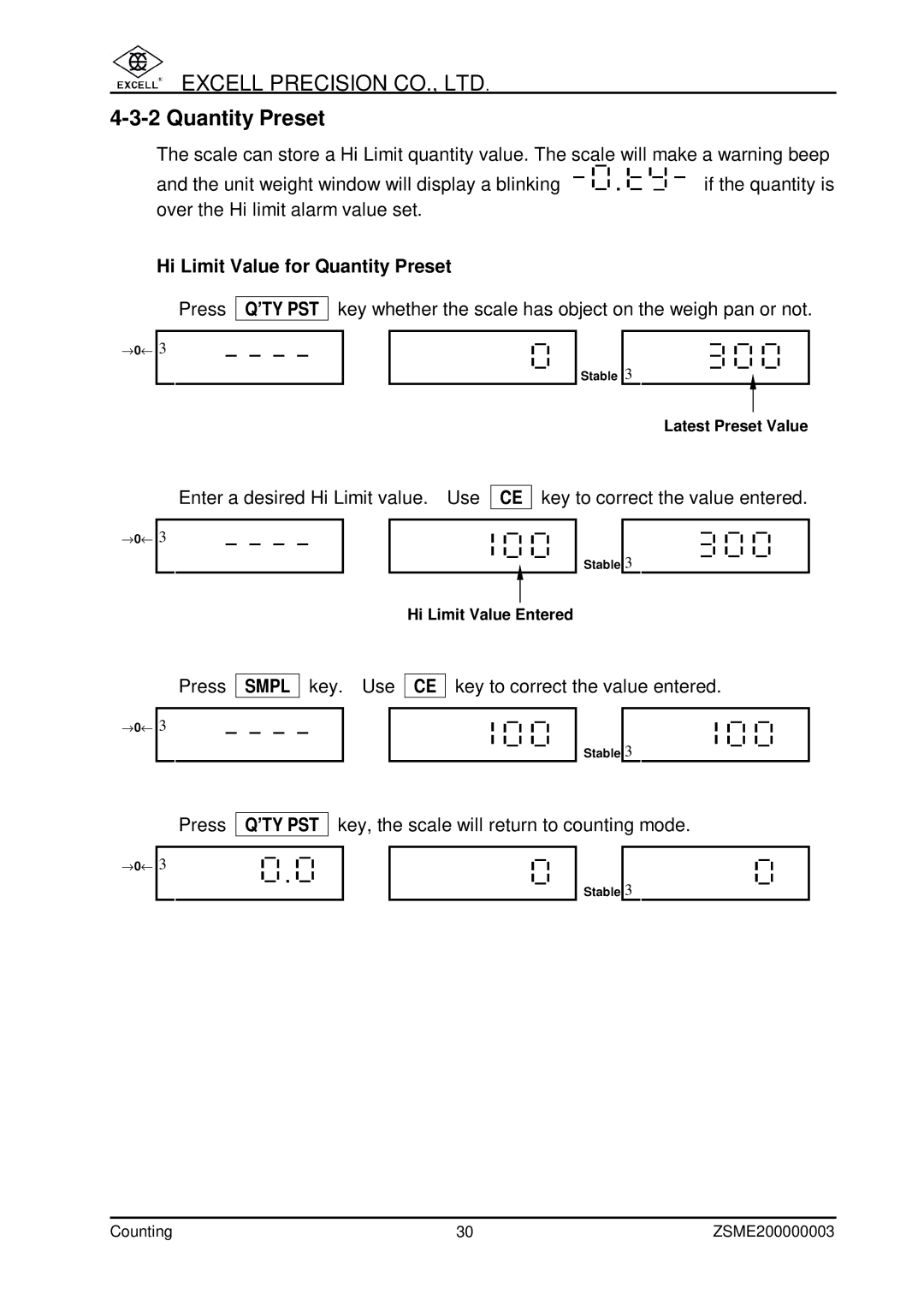 Excell Precision Counting Scale user manual Hi Limit Value for Quantity Preset 