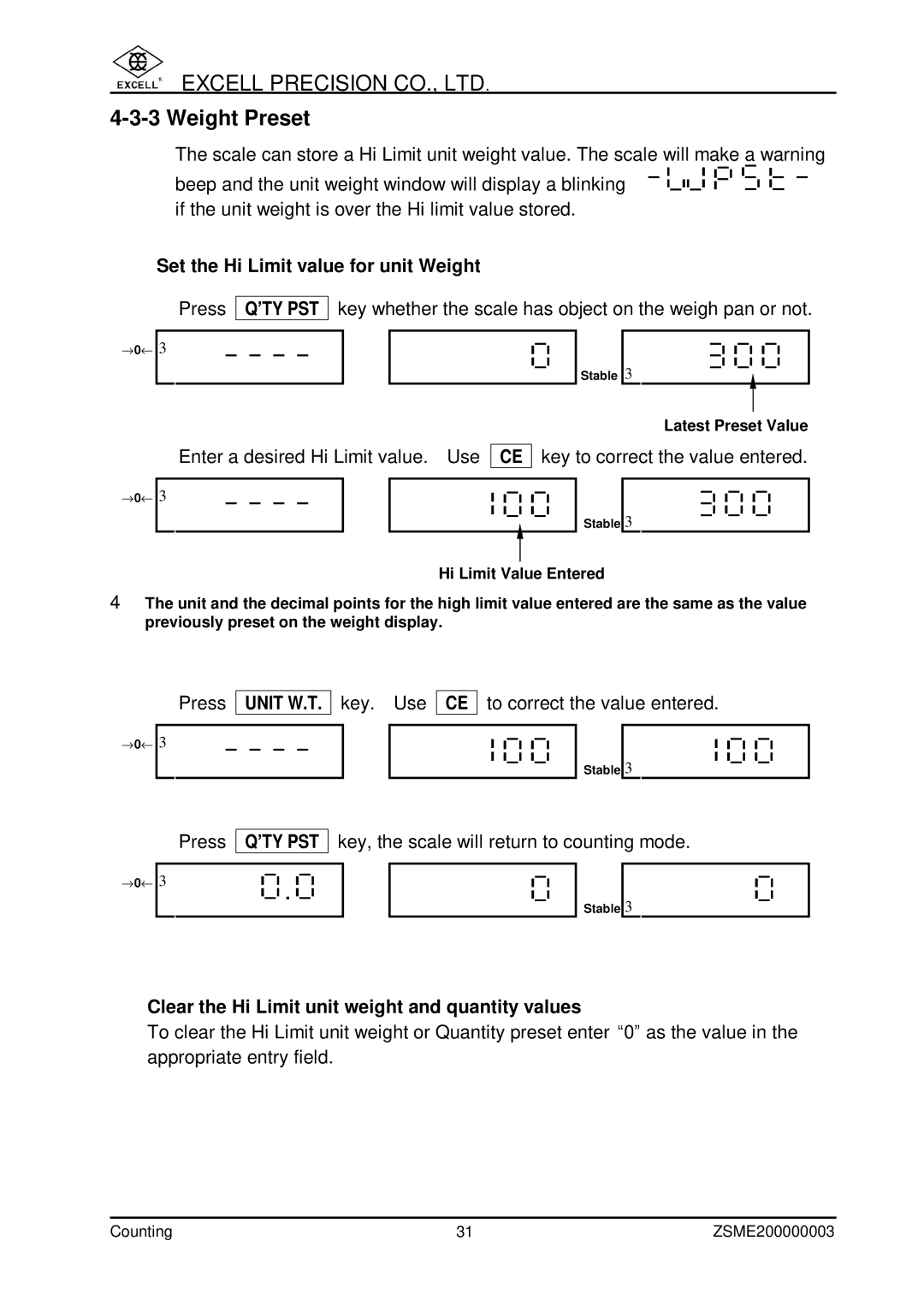 Excell Precision Counting Scale user manual Enter a desired Hi Limit value. Use 