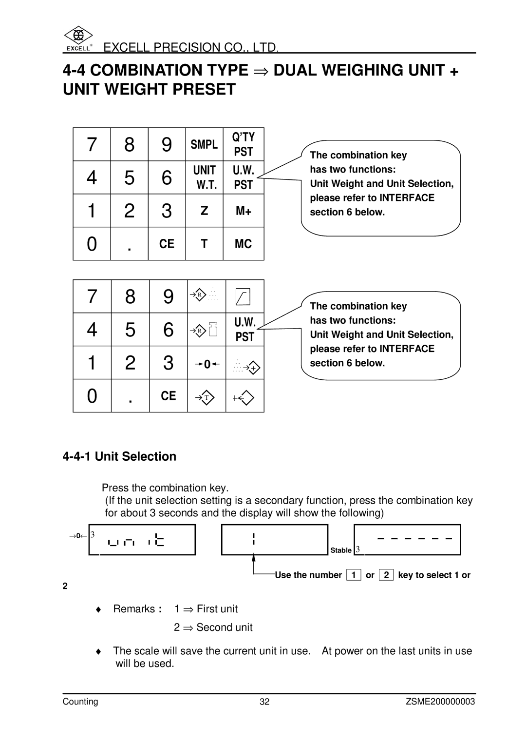 Excell Precision Counting Scale user manual Combination Type ⇒ Dual Weighing Unit + Unit Weight Preset, ’Ty 