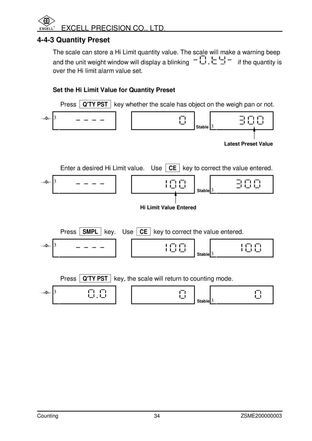 Excell Precision Counting Scale user manual Quantity Preset 