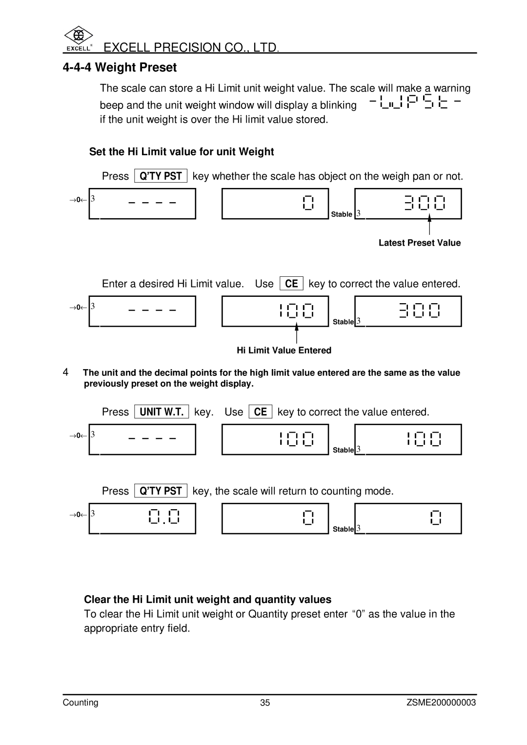 Excell Precision Counting Scale user manual Weight Preset 