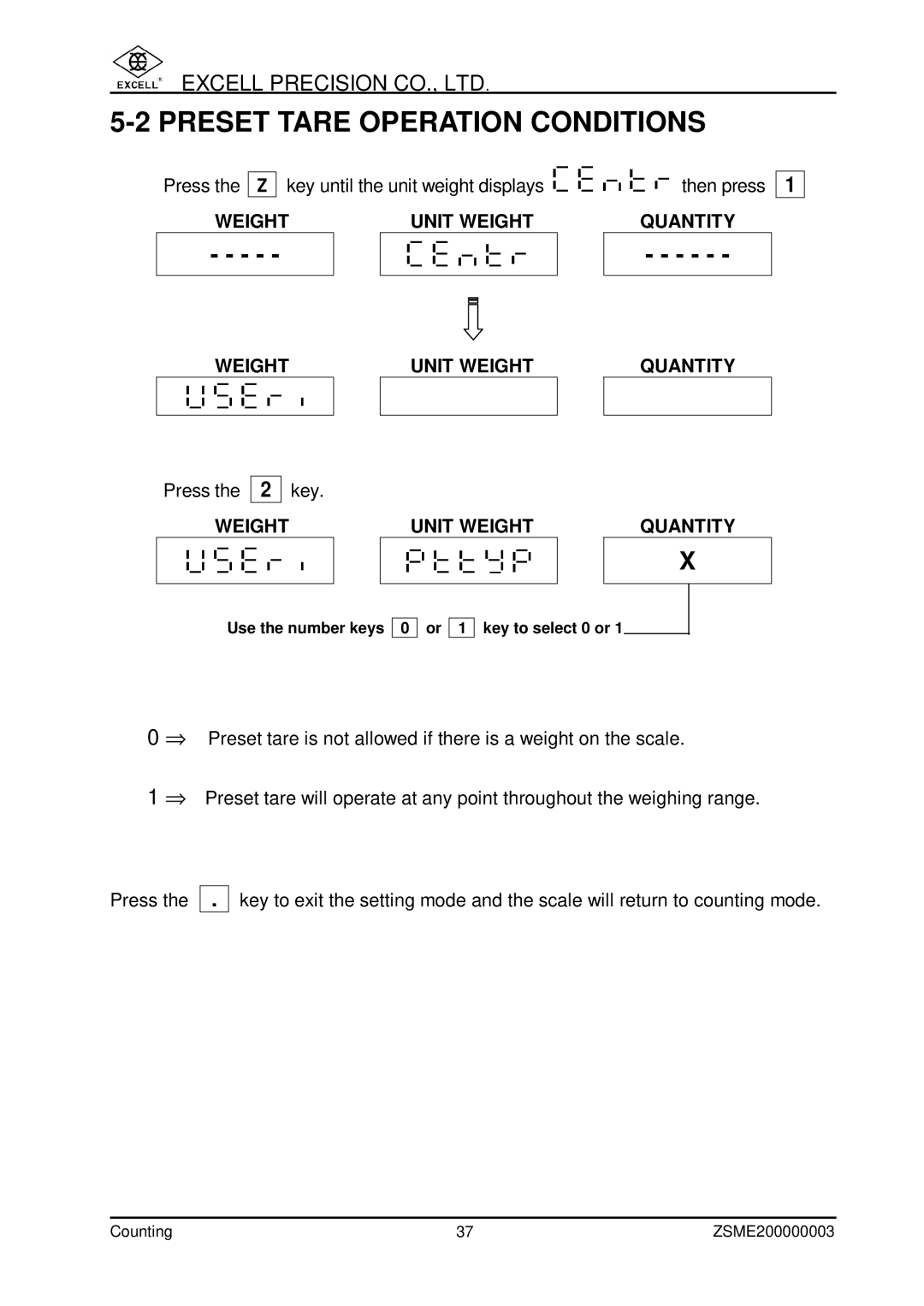 Excell Precision Counting Scale user manual Preset Tare Operation Conditions 