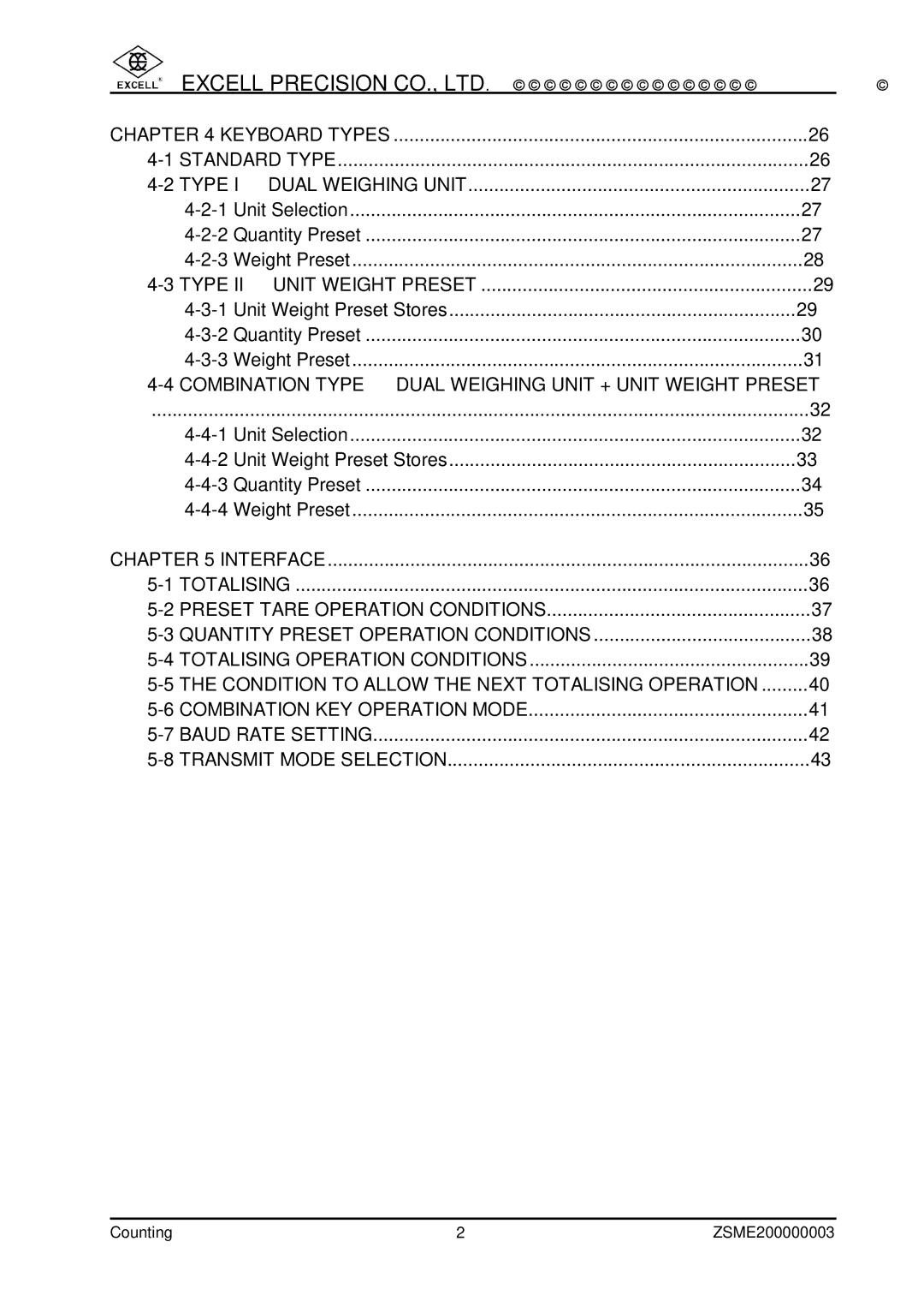 Excell Precision Counting Scale user manual Keyboard Types Standard Type Type I ⇒ Dual Weighing Unit 