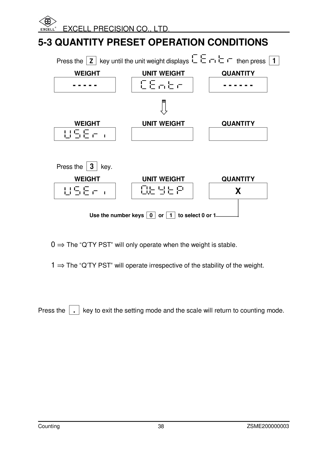 Excell Precision Counting Scale user manual Quantity Preset Operation Conditions 