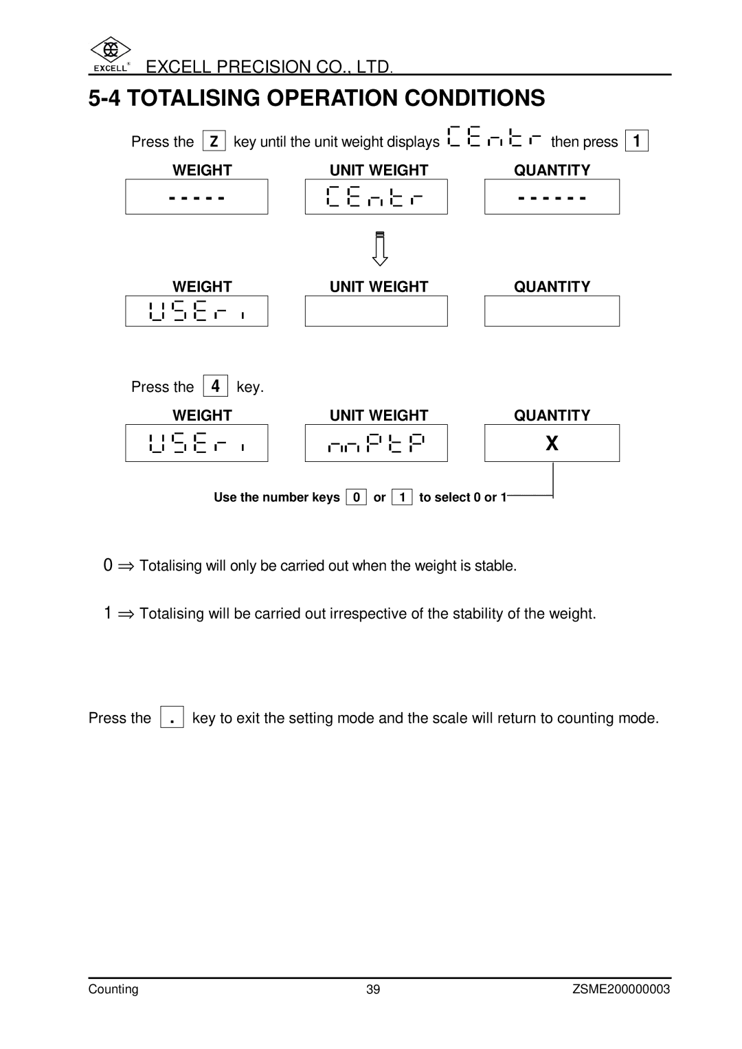 Excell Precision Counting Scale user manual Totalising Operation Conditions 