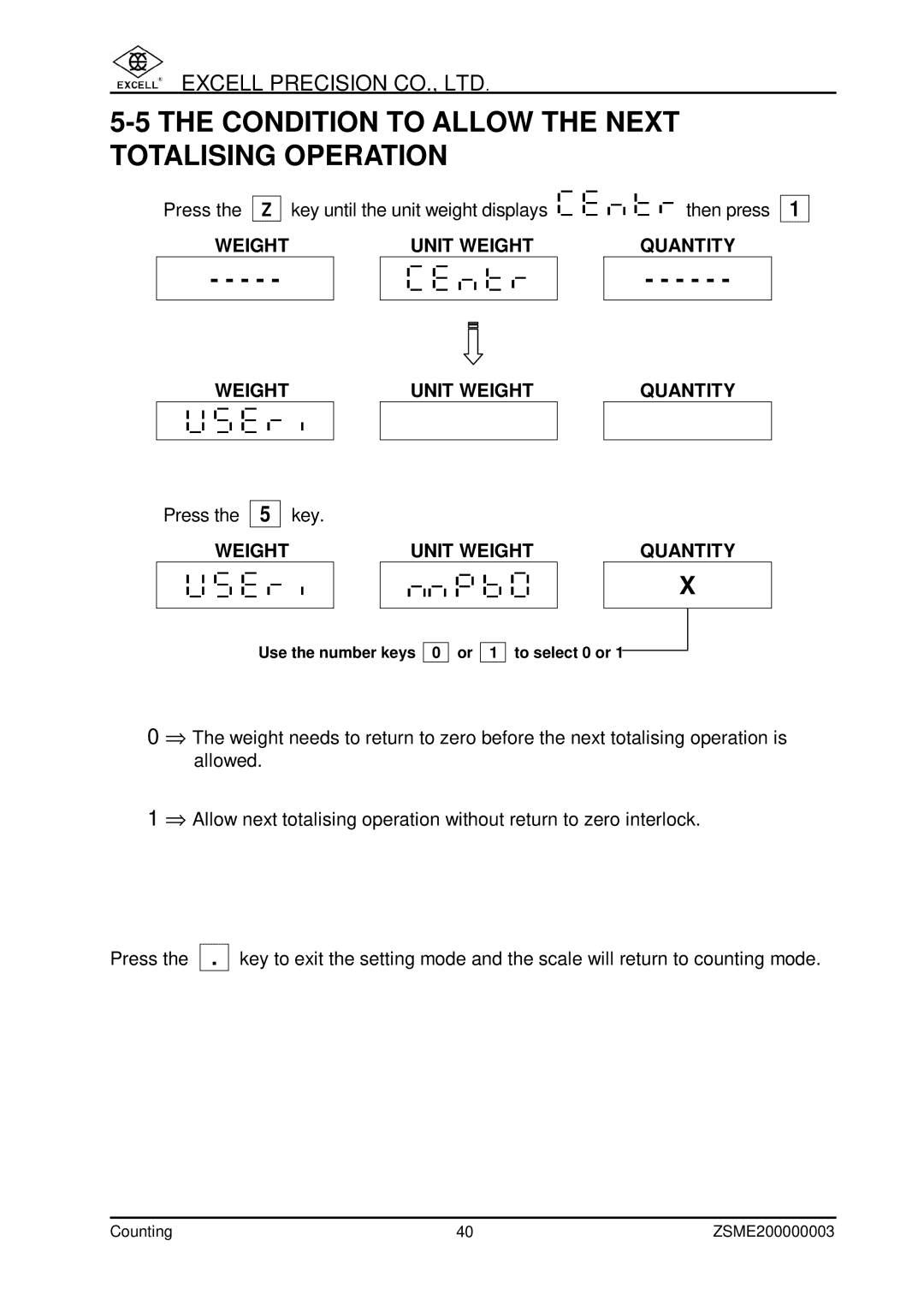 Excell Precision Counting Scale user manual Condition to Allow the Next Totalising Operation 