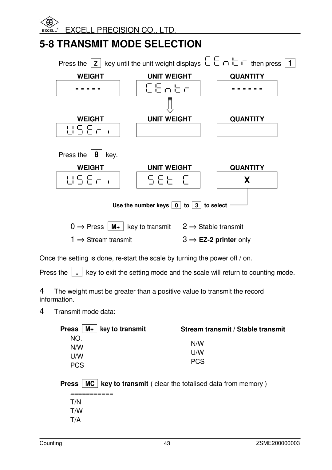 Excell Precision Counting Scale user manual Transmit Mode Selection, ⇒ EZ-2 printer only 