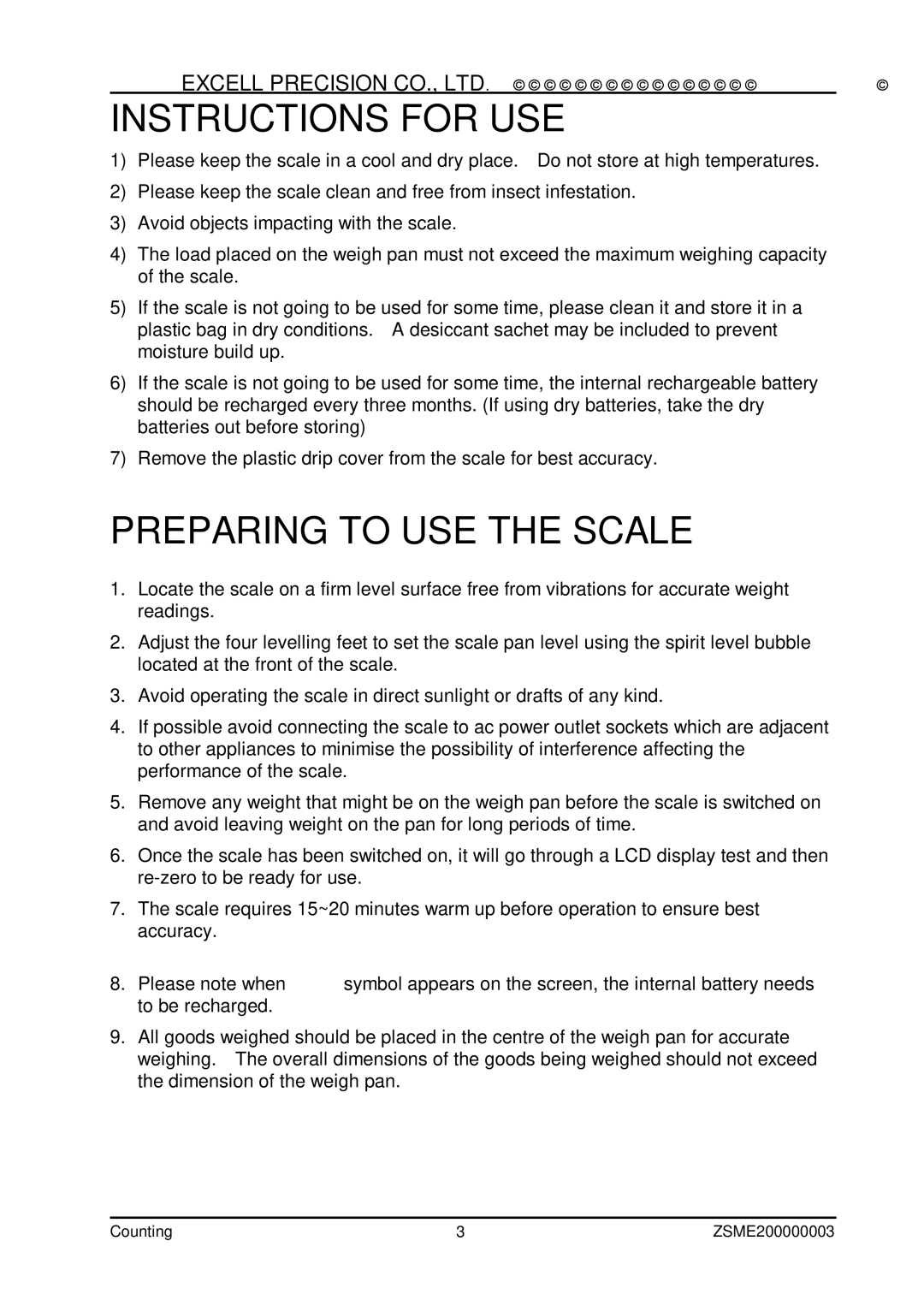 Excell Precision Counting Scale user manual Instructions for USE, Preparing to USE the Scale 