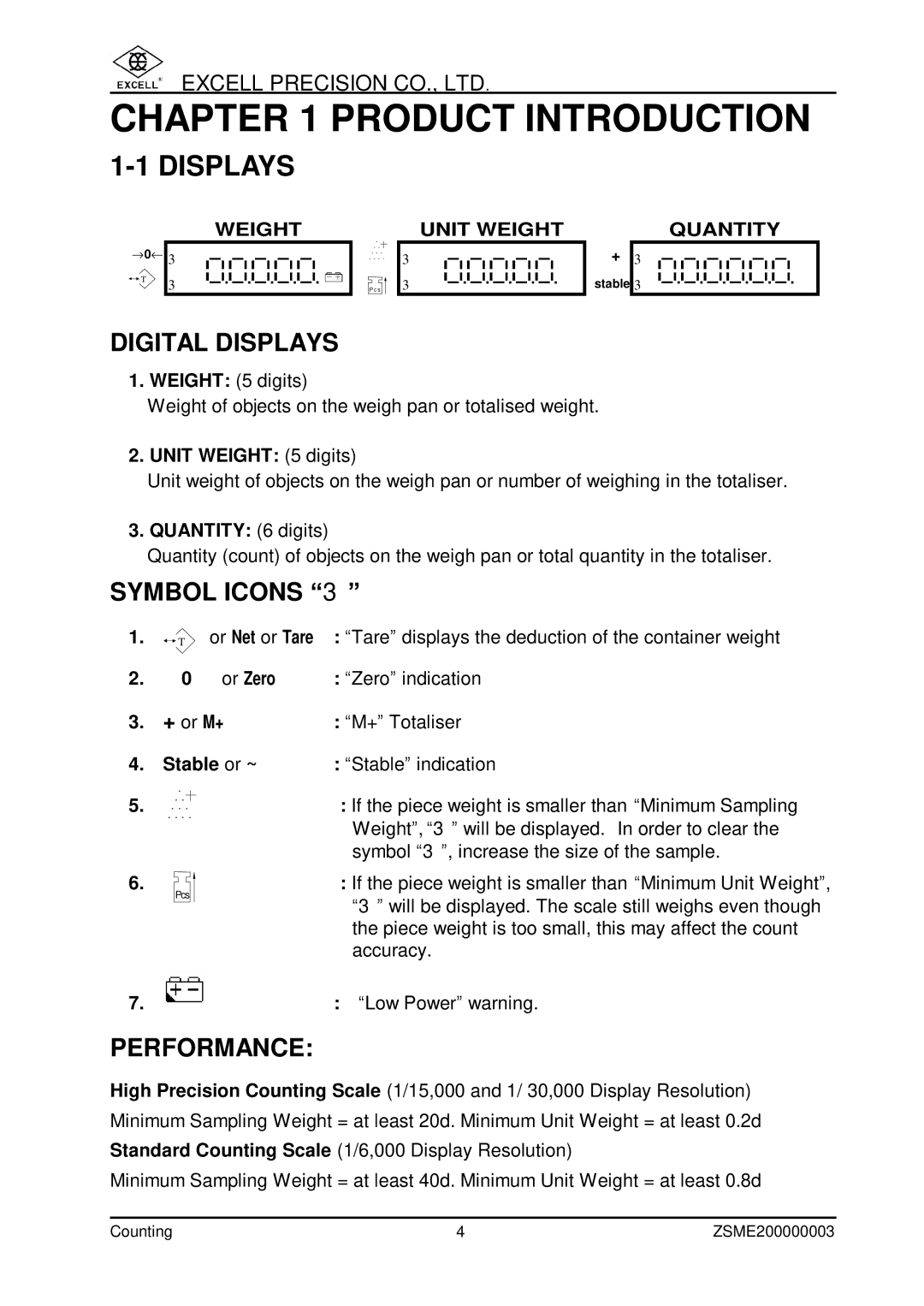 Excell Precision Counting Scale user manual Product Introduction, Displays 