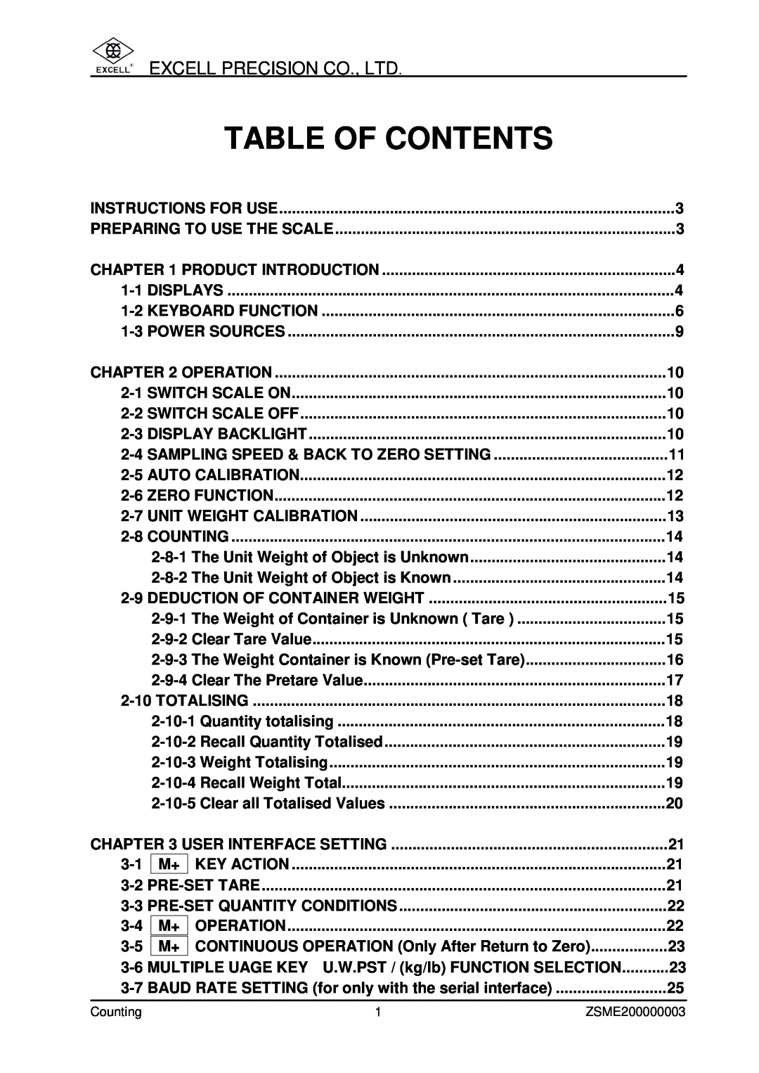 Excell Precision Counting Scale user manual Table Of Contents, ZSME200000003 