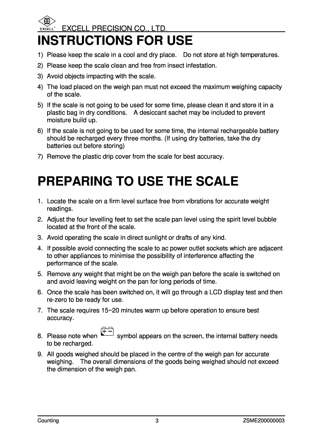 Excell Precision Counting Scale user manual Instructions For Use, Preparing To Use The Scale 