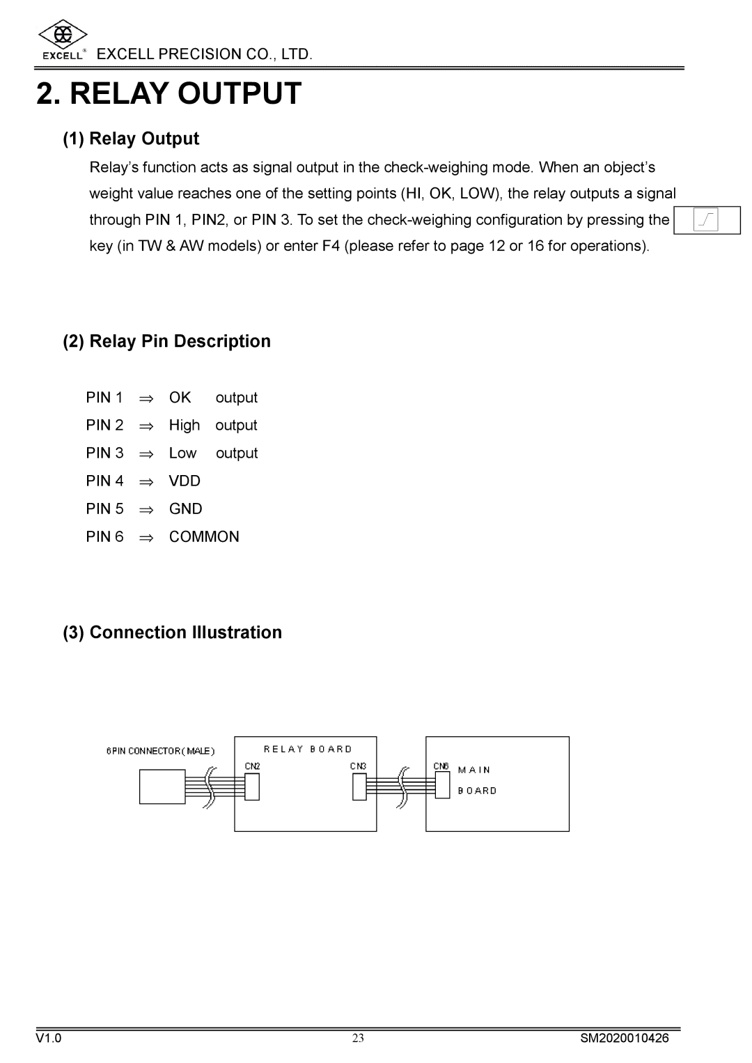 Excell Precision DIGITAL HIGH PRECISION WEIGHING SCALES manual Relay Output, Relay Pin Description, Connection Illustration 