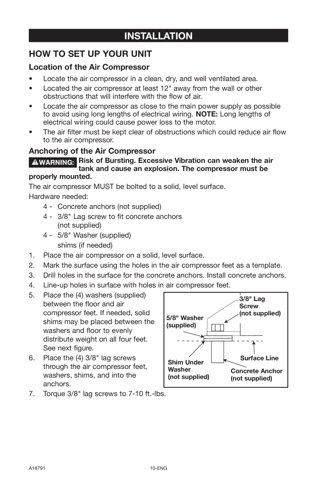 Excell Precision E7540 operation manual Installation, Location of the Air Compressor, Anchoring of the Air Compressor 