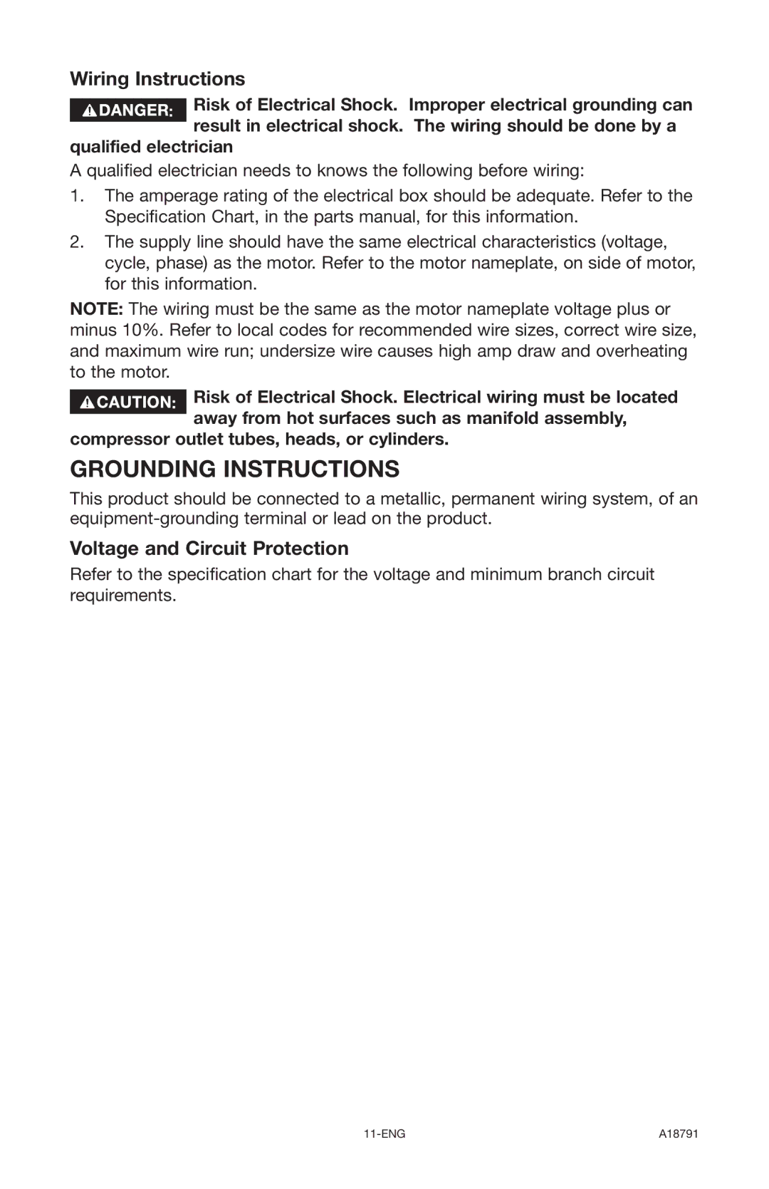 Excell Precision E7540 operation manual Wiring Instructions, Voltage and Circuit Protection 