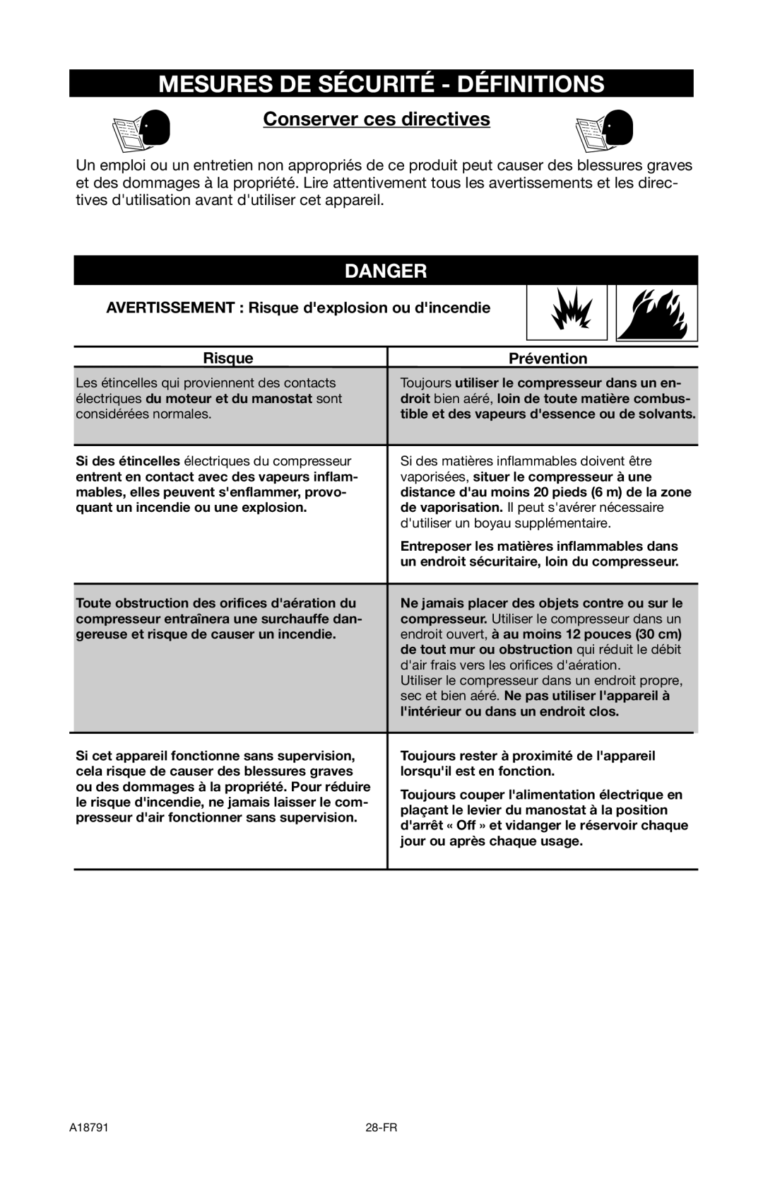 Excell Precision E7540 operation manual Conserver ces directives, Avertissement Risque dexplosion ou dincendie Prévention 