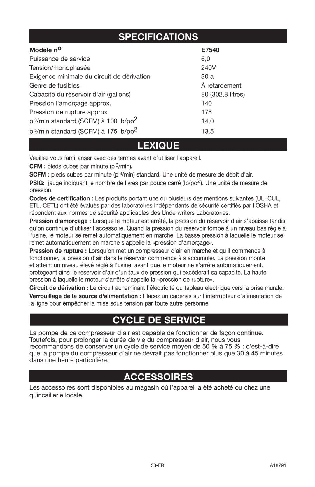 Excell Precision operation manual Lexique, Cycle DE Service, Accessoires, Modèle no E7540 