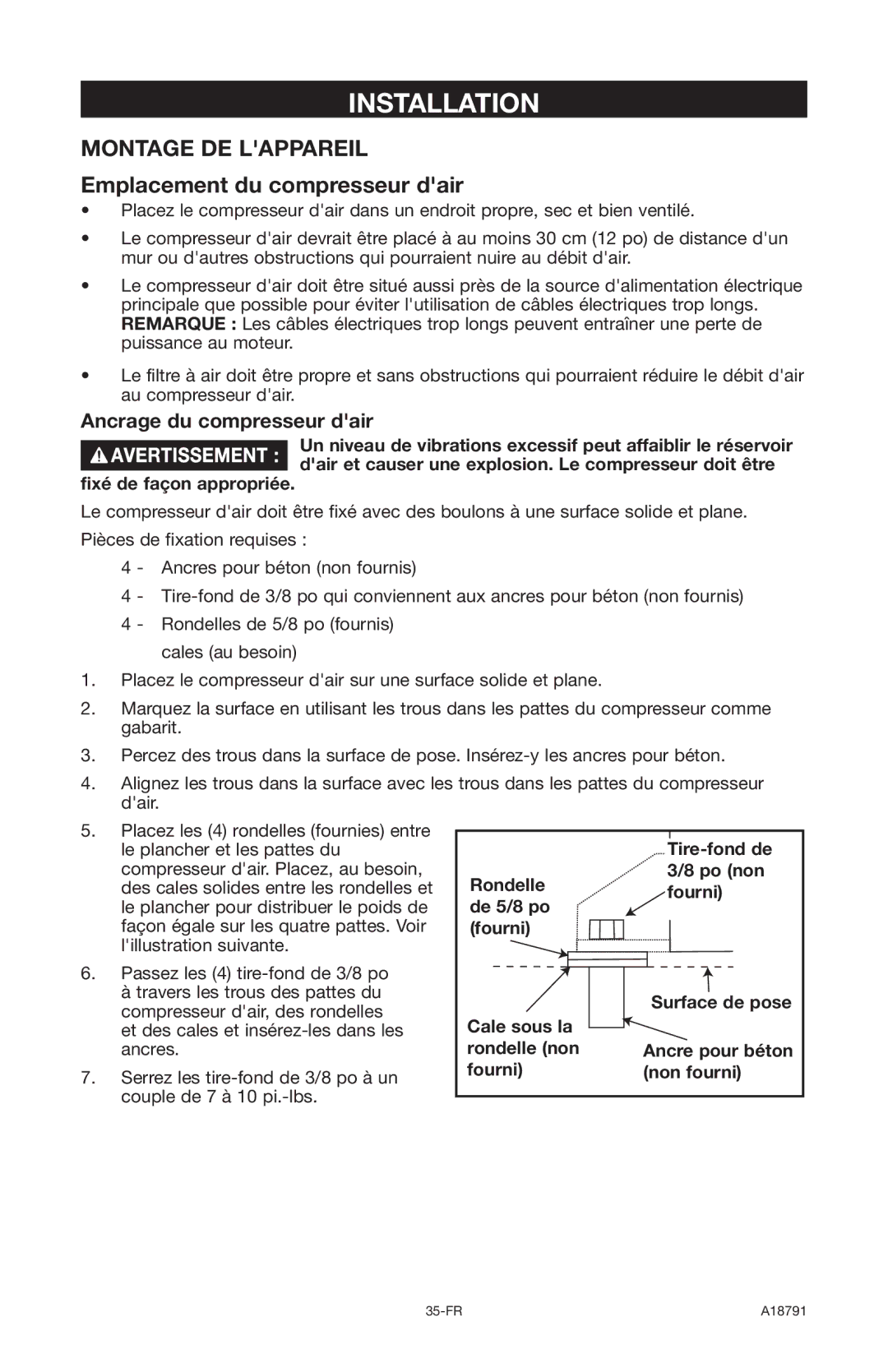 Excell Precision E7540 operation manual Emplacement du compresseur dair, Ancrage du compresseur dair 