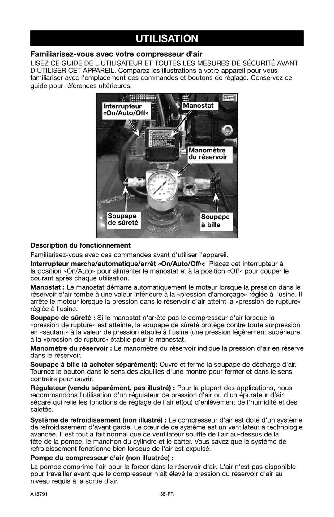 Excell Precision E7540 operation manual Utilisation, Familiarisez-vous avec votre compresseur dair 