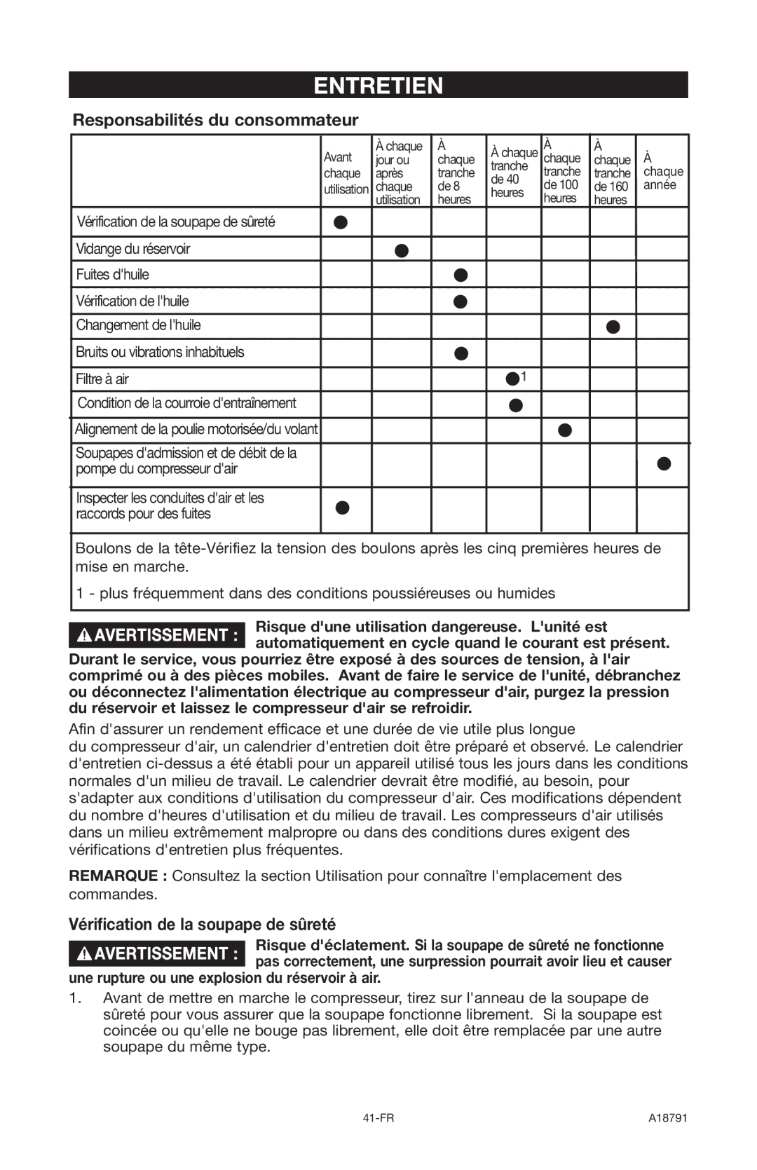 Excell Precision E7540 operation manual Entretien, Responsabilités du consommateur, Vérification de la soupape de sûreté 