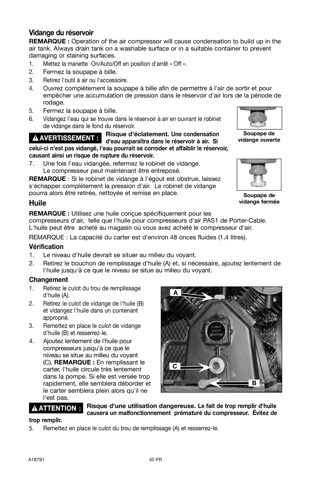 Excell Precision E7540 operation manual Vidange du réservoir, Huile, Vérification, Changement, Trop remplir 